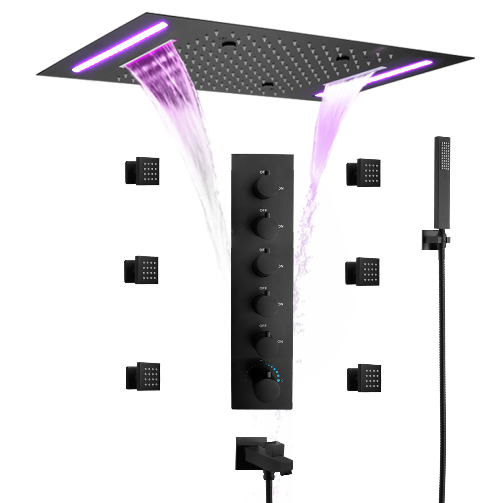 Sistema de ducha montado en el techo, juego de ducha mixta de agua de lluvia para baño, boquilla de ducha de agua de lluvia negra cuadrada moderna de mano
