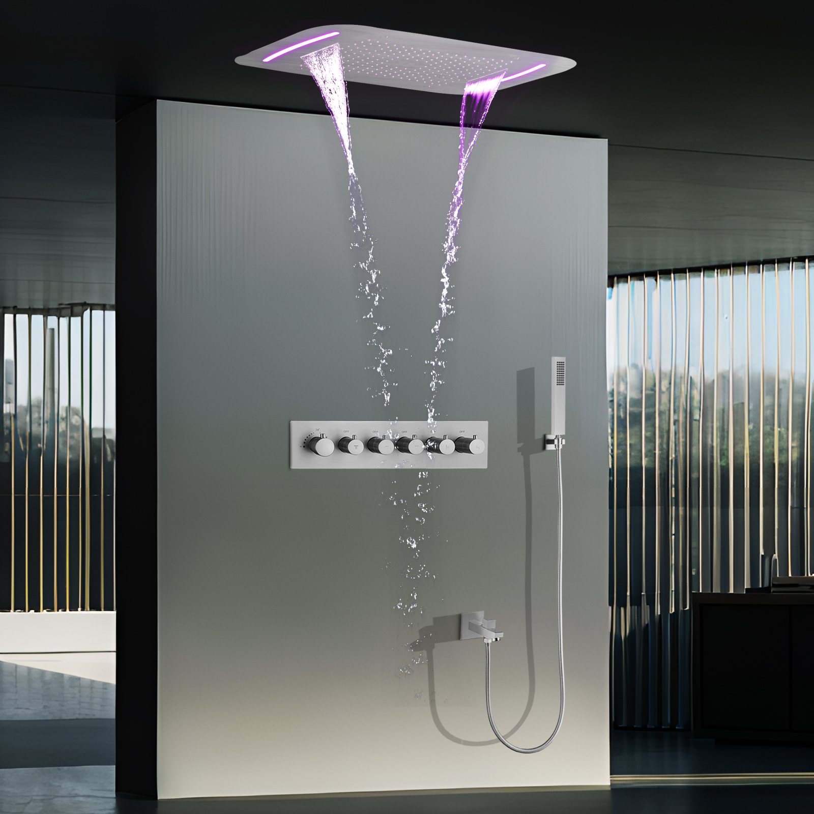 Níquel cepillado 71x43cm LED temperatura constante ducha cabeza de dragón techo lluvia Pilar sistema de cabezal de ducha Kit