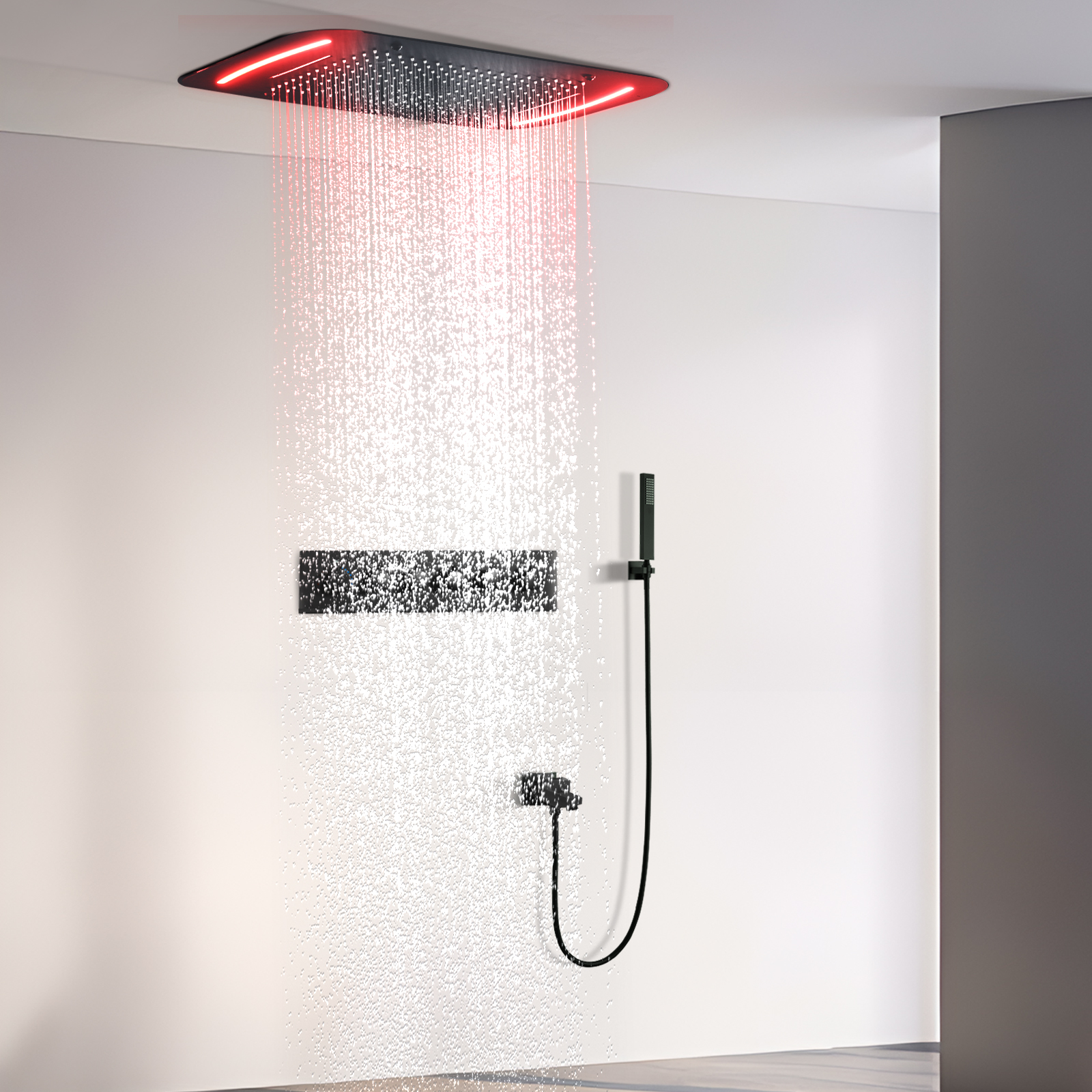 Sistema de ducha LED negro de 71x43cm con techo, gran masaje, temperatura constante, cascada, cabezal de ducha de agua de lluvia, grifo mezclador