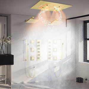 Sistema multifuncional al por mayor de la cabeza de ducha del oro del panel de la ducha de la música de la temperatura constante LED
