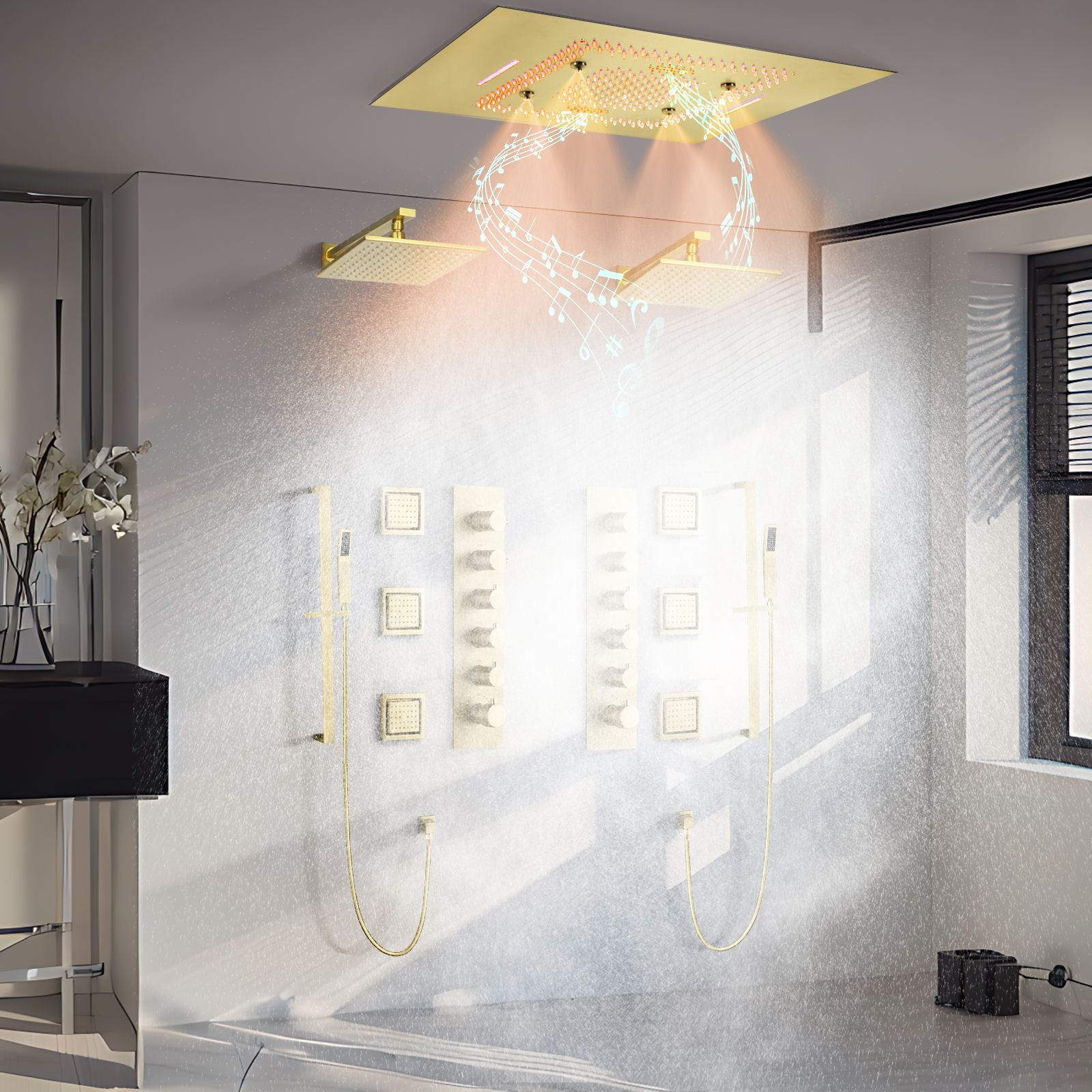 Sistema multifuncional al por mayor de la cabeza de ducha del oro del panel de la ducha de la música de la temperatura constante LED
