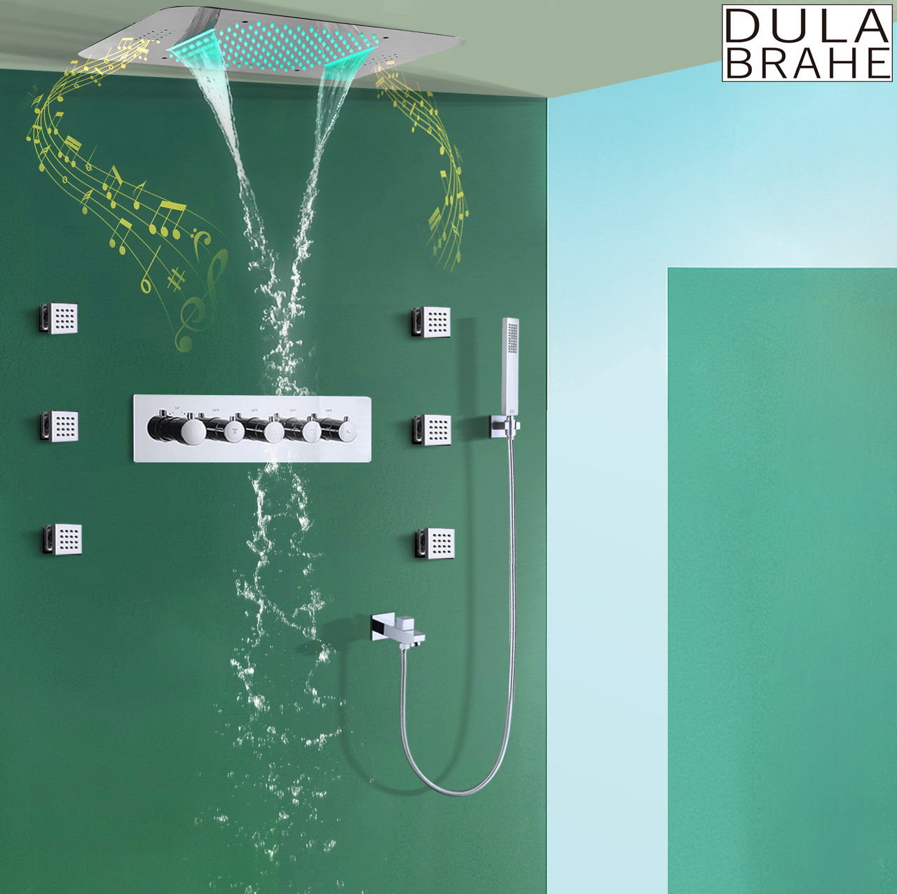 Sistema de ducha con cabezal LED musical, juegos de baño y ducha termostáticos con lluvia y cascada de 23x15 pulgadas para baño