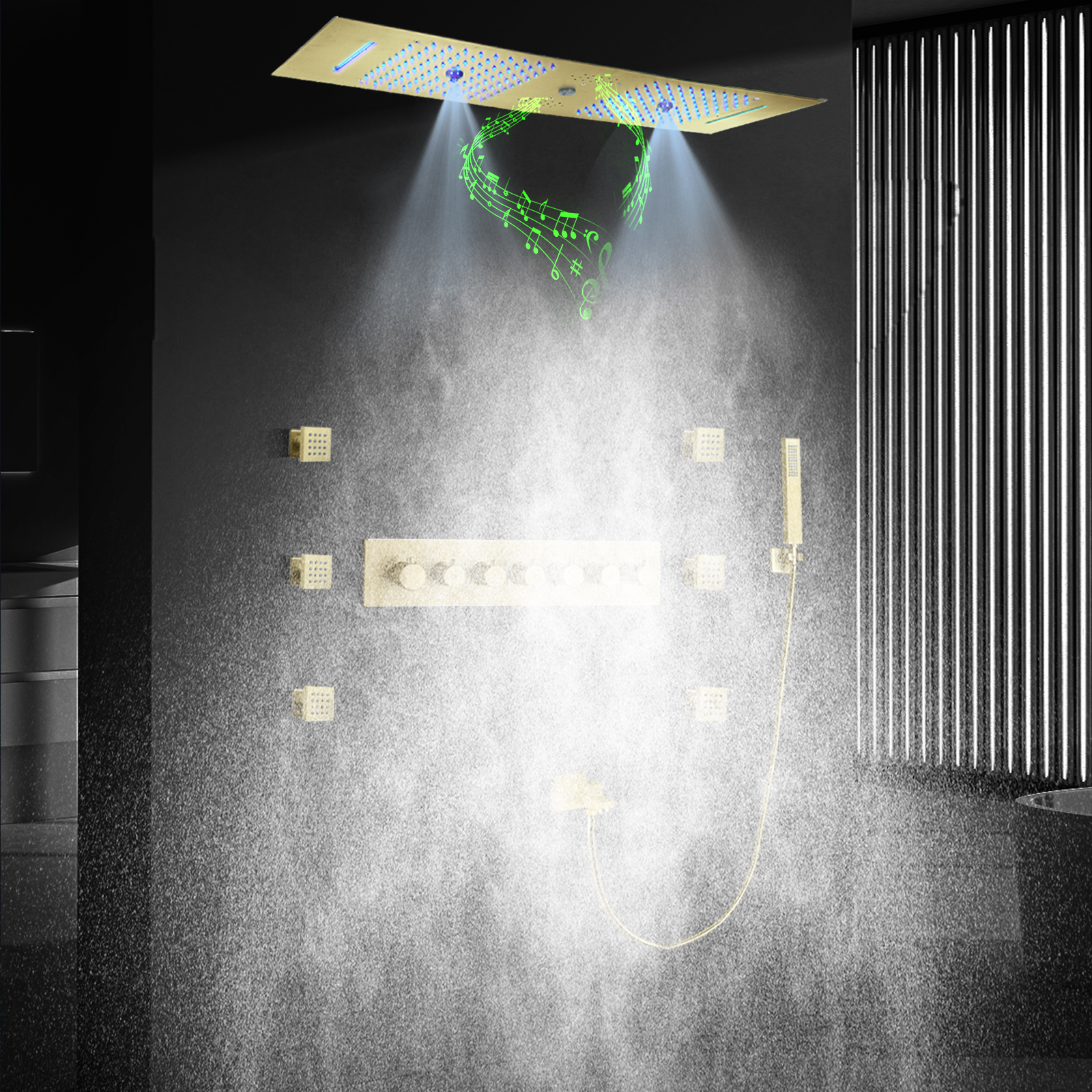 Cabezal de ducha LED de Oro pulido con altavoz musical, juego de grifería de ducha termostática para baño empotrado en techo de ducha doble, altavoz musical