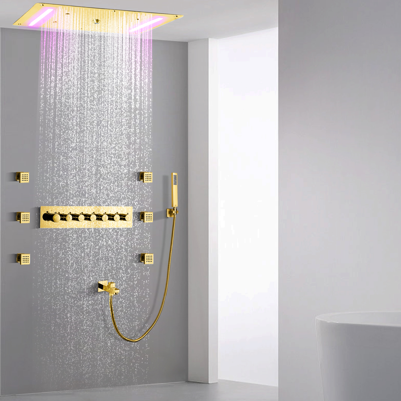 Juego de ducha termostática LED de titanio dorado, mezclador de masaje, cascada de lluvia con mano, 70x38 Cm
