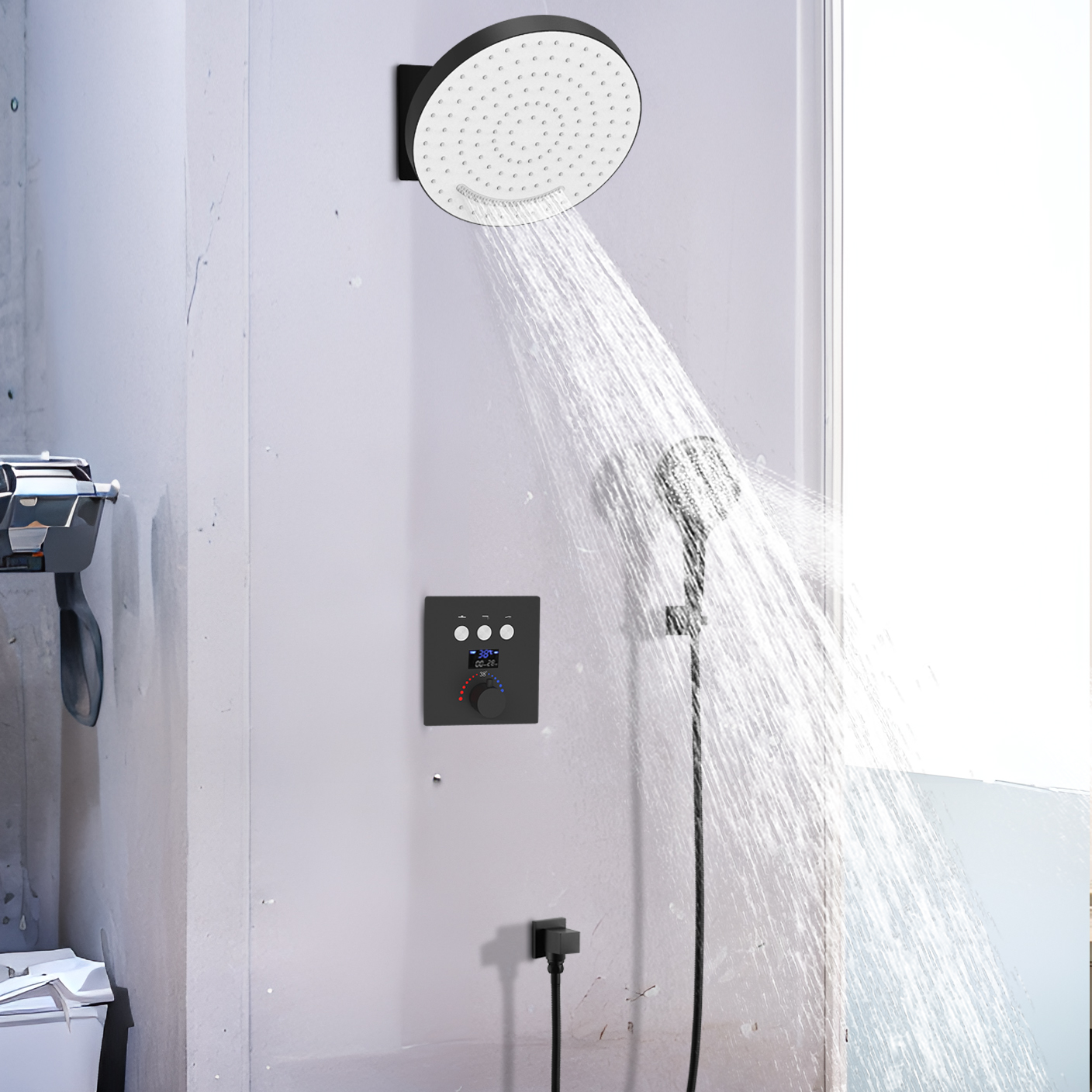 Suite de ducha de bronce, ducha de lluvia, termostático, negro, Tripper, sistema de cabezal de ducha de tanque de baño montado en la pared
