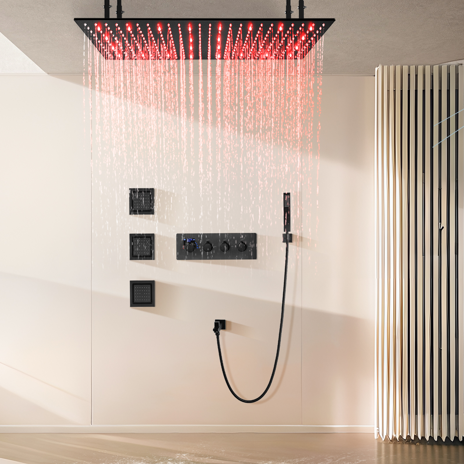 Sistema de cabezal de ducha tipo lluvia de 100x50cm negro mate de latón montado en la pared Kit de ducha LED para baño de cuatro funciones