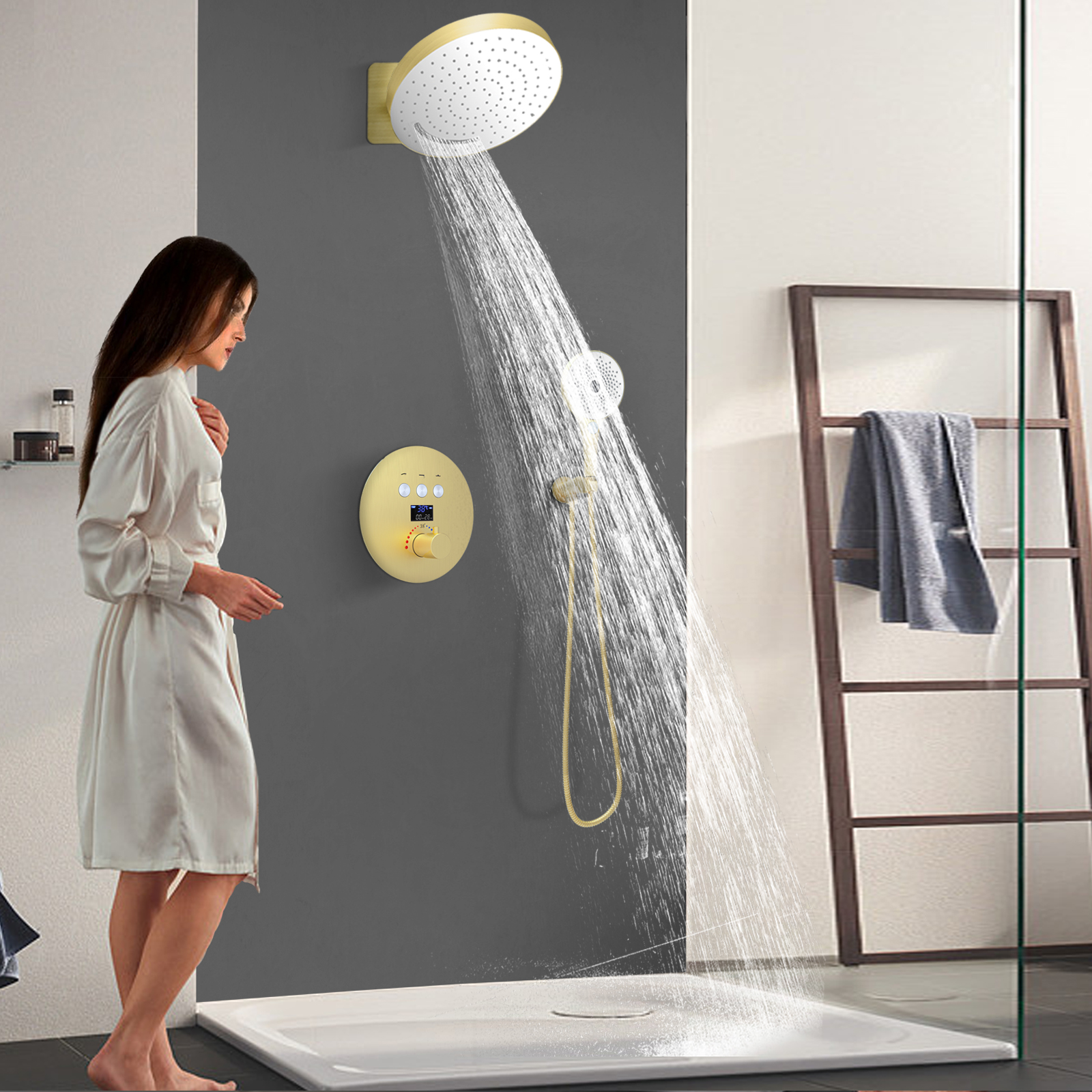 Termostato de Oro cepillado, juego de grifo con pantalla Digital, juego de sistema de chorro de masaje para ducha y bañera de baño