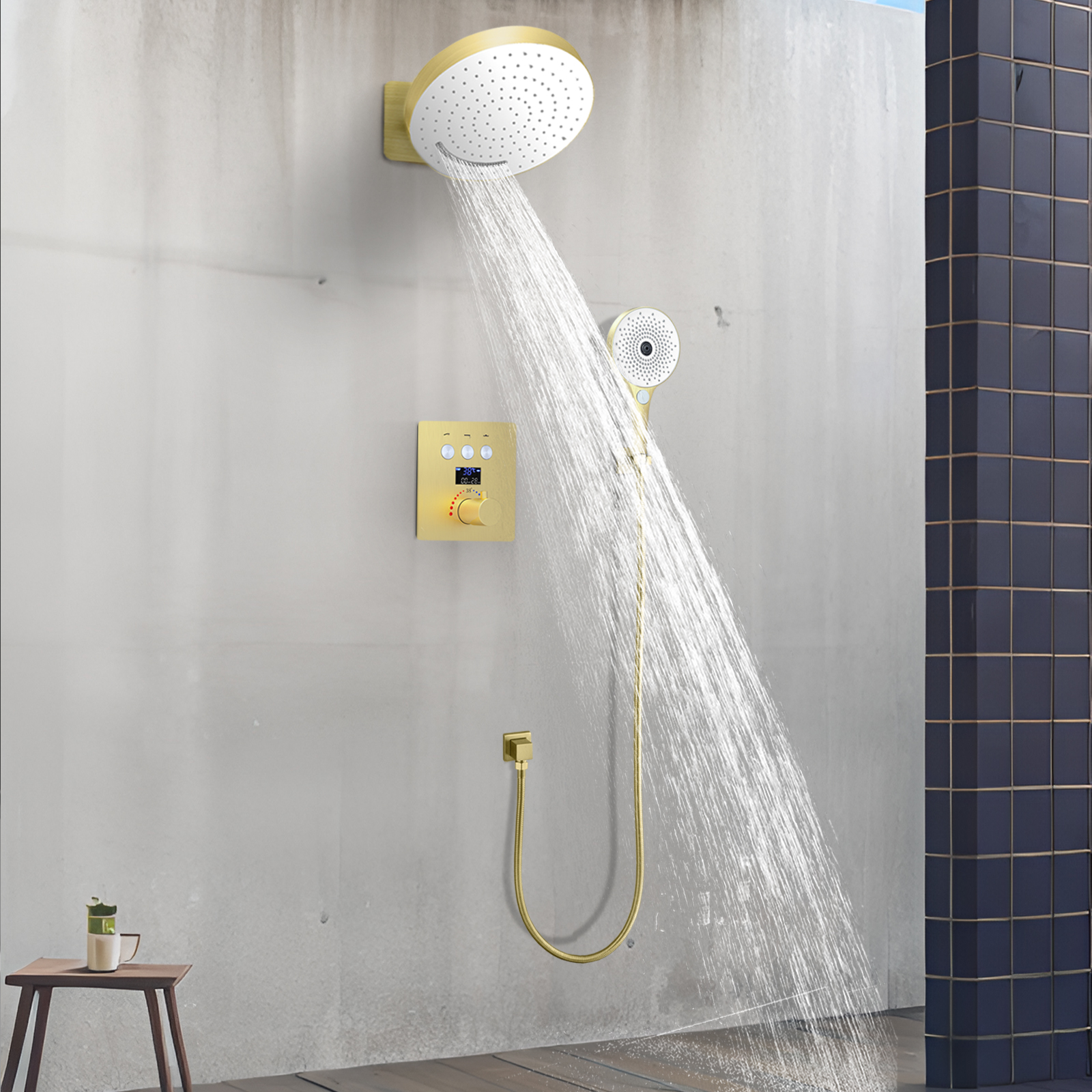 Válvula de desviación mixta de temperatura constante, grifo de agua de baño, Suite, montado en la pared, ducha de agua de lluvia, cabezal colgante, ducha superior