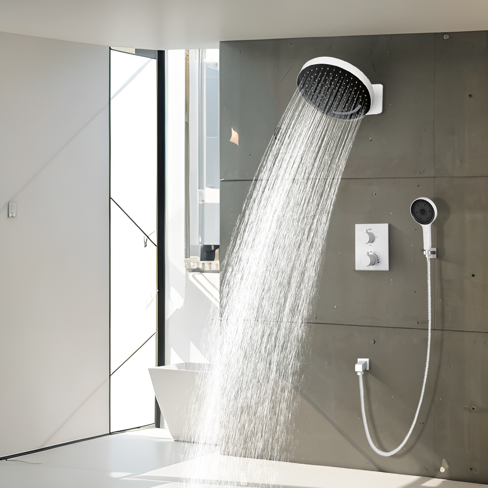 Sistemas de cabezal de ducha de baño, fabricante de sistema de grifo híbrido de temperatura tipo perilla blanca mattic 