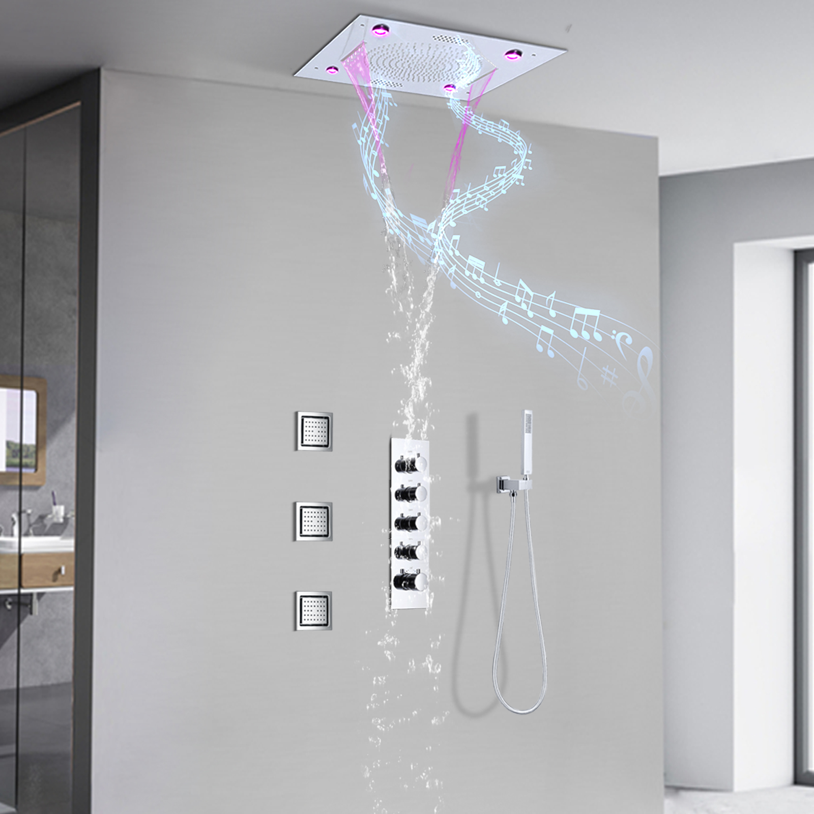 Sistema de grifo de ducha cromado, boquilla LED, termostato musical, juego de ducha de latón montado en la pared