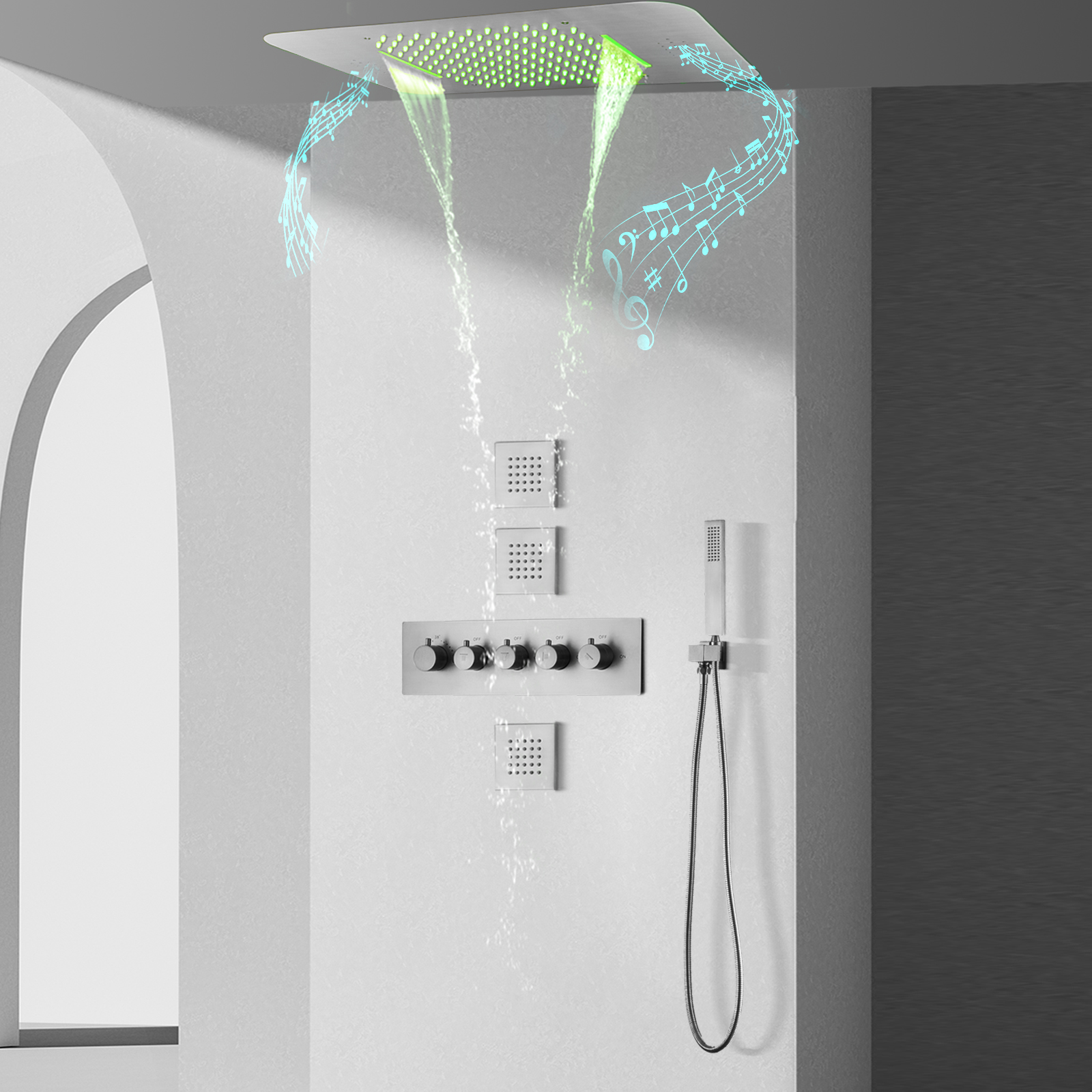 Grifo de ducha con música LED oculto, termostato de baño, Kit de latón oculto, juego de ducha de lluvia