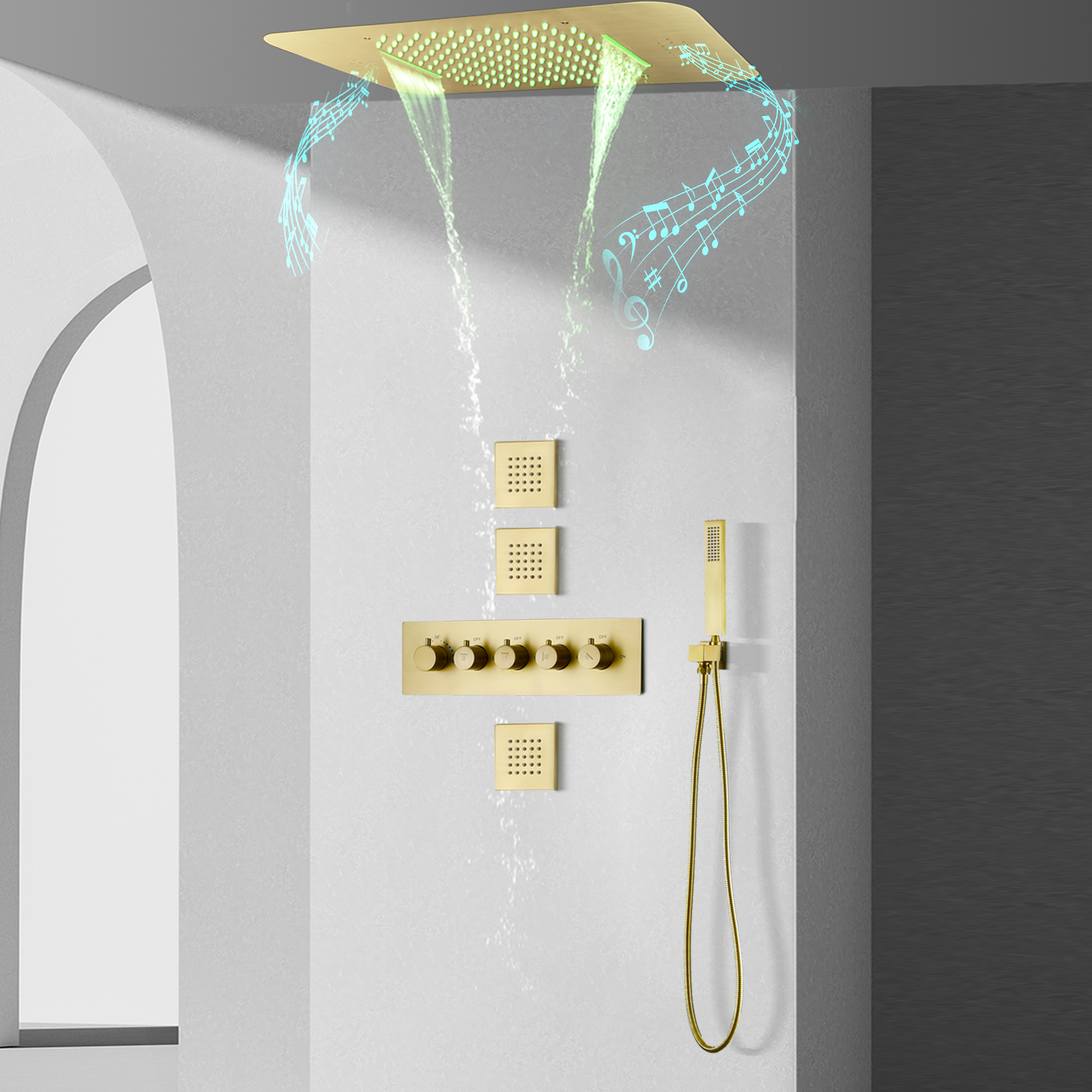 Grifo mezclador de ducha de lluvia oculto para baño, 23x15ing, montaje en techo, termostático, Oro pulido, ducha de lluvia, cascada, rociador Sho