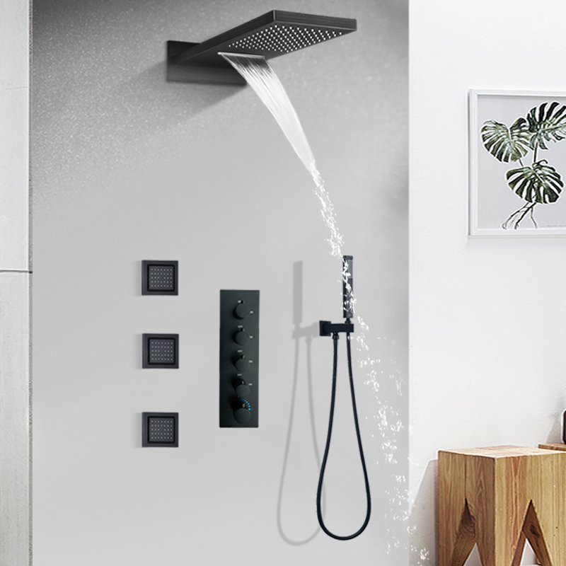 Grifo de baño, juego de ducha de lluvia, ducha termostática, sistema de grifo de ducha negro