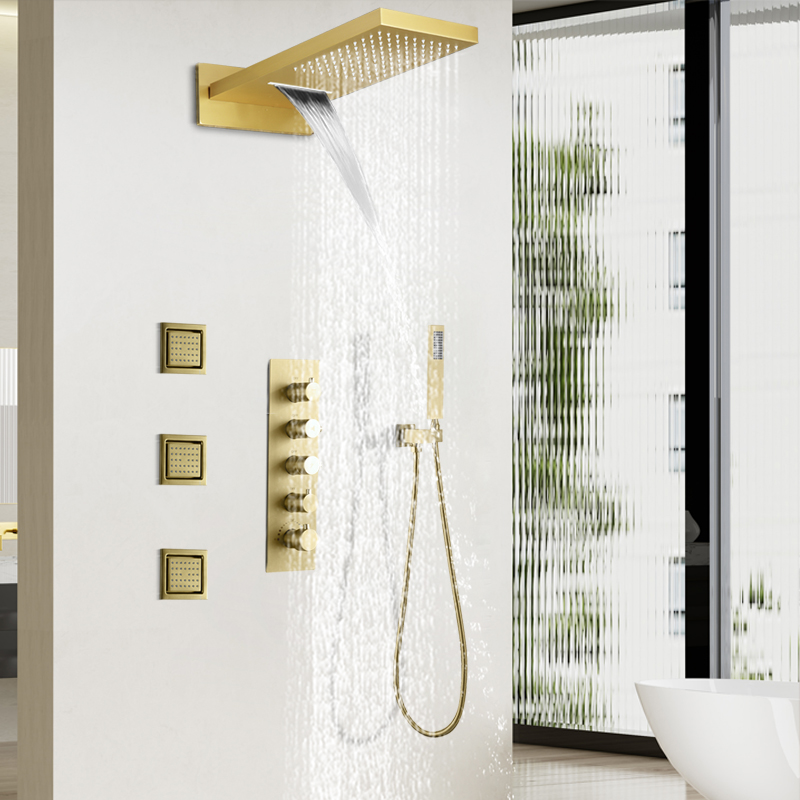 Baño de ducha de latón moderno, sistema de ducha de lluvia multifuncional con temperatura constante, sistema de ducha en cascada, conjunto de masaje