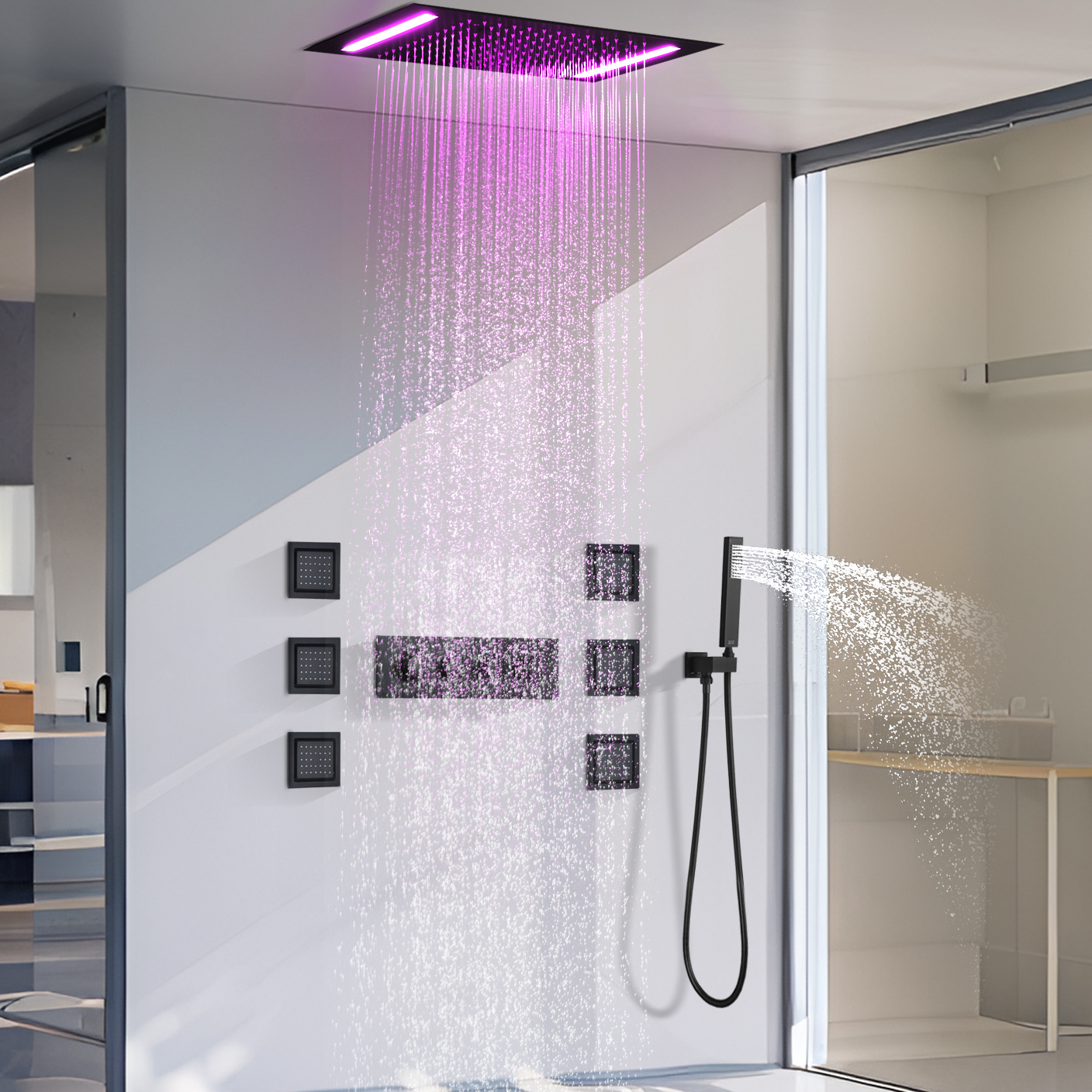 Mattic negro 50x36cm baño LED vestidor oscuro cabezal de ducha y grifo Suite multifunción ducha de agua de lluvia masaje SPA Set