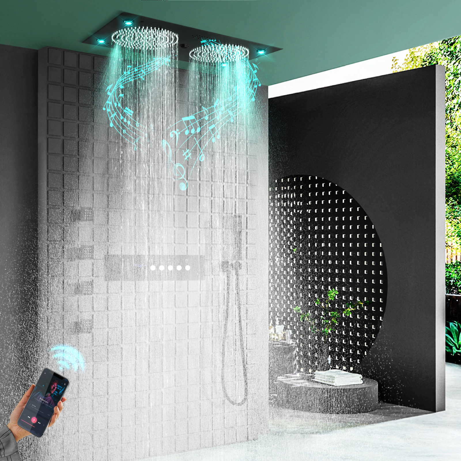 Juego de sistema de ducha negro mate, cabezal de ducha LED de agua de lluvia para baño de 24,5x12,5 pulgadas, rociador de grifo de agua caliente de latón y lujo