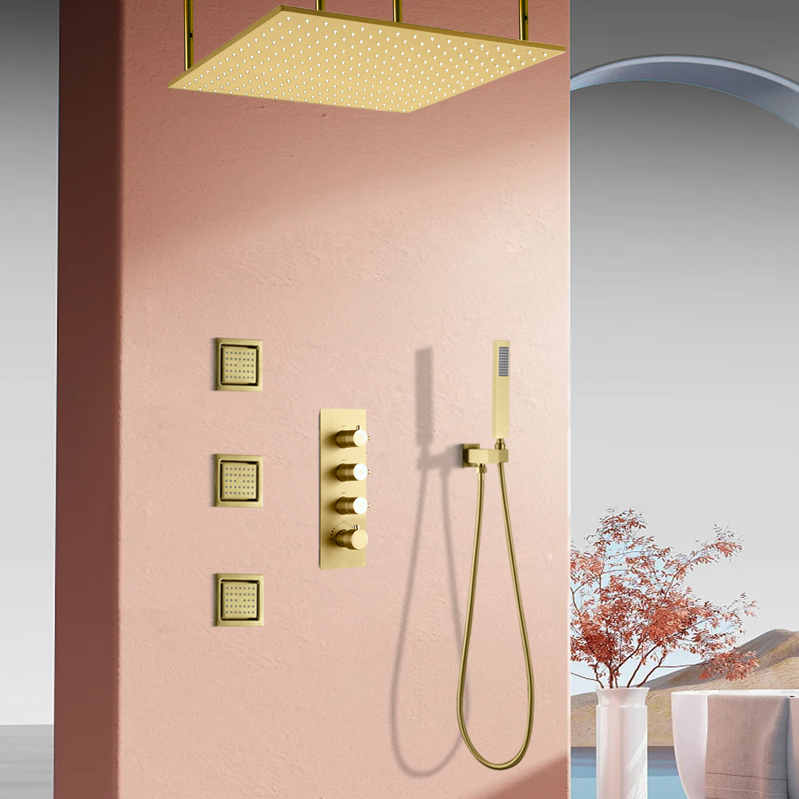 Juego de mezclador de ducha oculto dorado para baño y ducha montado en la pared con cabezal de ducha tipo lluvia