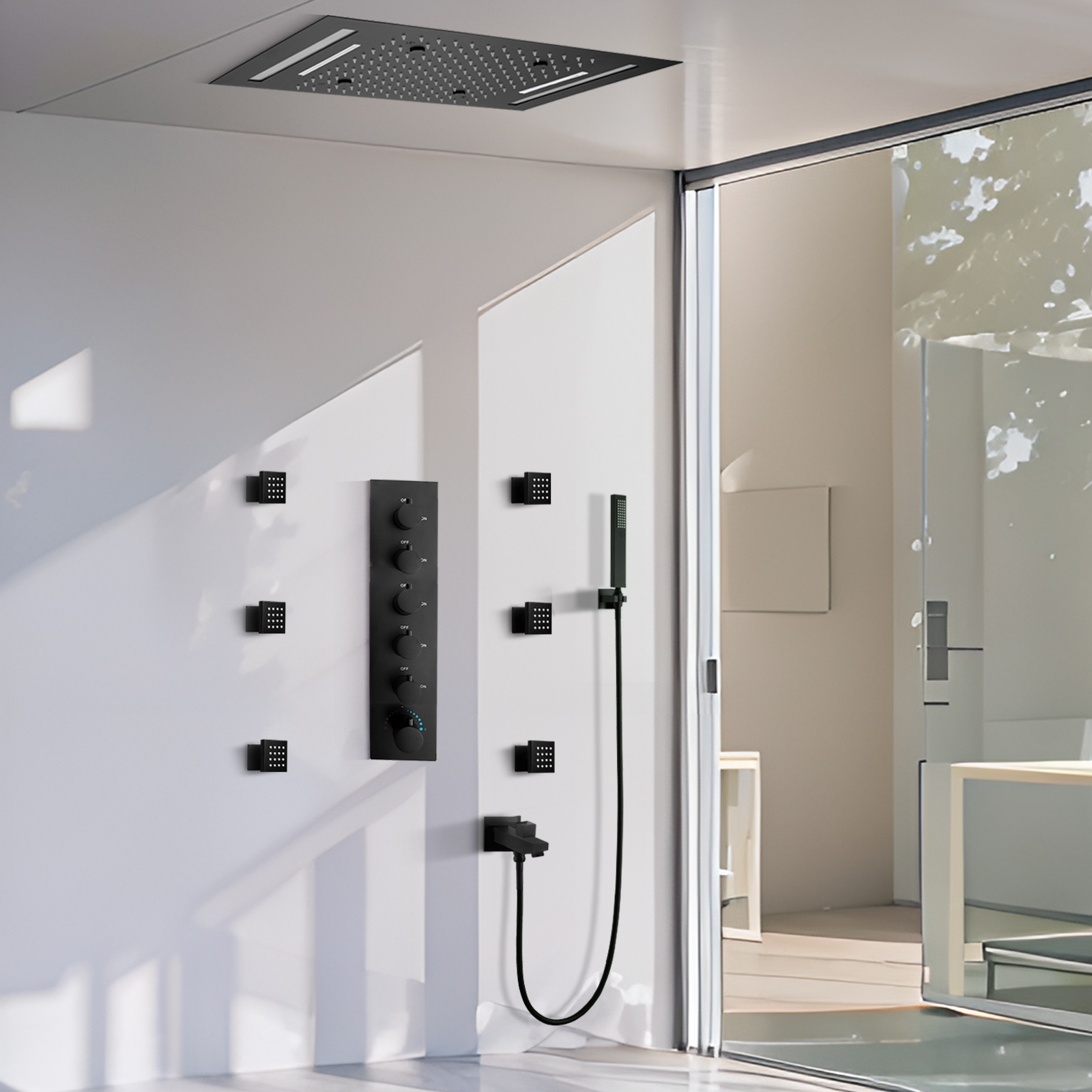 Sistema de ducha montado en el techo, juego de ducha mixta de agua de lluvia para baño, boquilla de ducha de agua de lluvia negra cuadrada moderna de mano