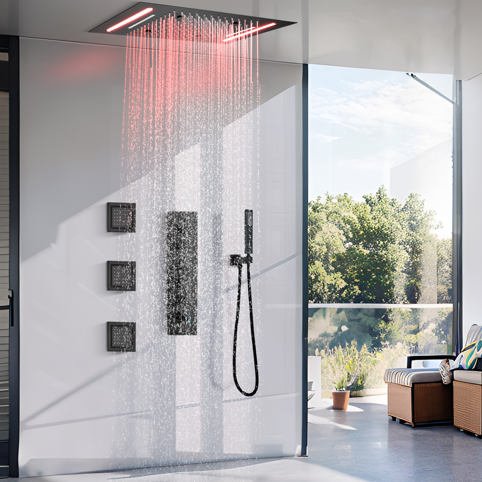 Sistema de ducha de temperatura constante de latón, juego de grifería multifuncional, juego de ducha de agua de lluvia oculto con boquilla de mano