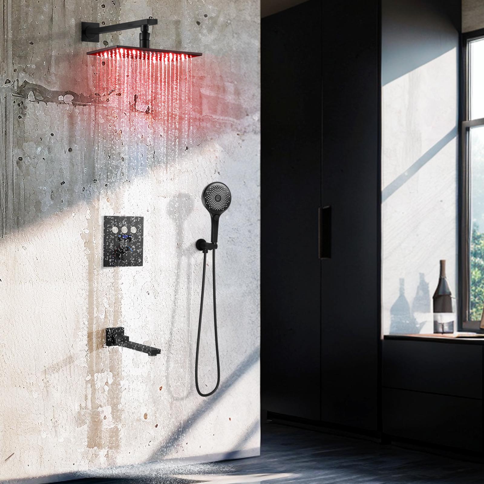 Sistema de ducha LED al por mayor, cabezal de ducha de lluvia montado en la pared, conjunto de cabezal de ducha negro