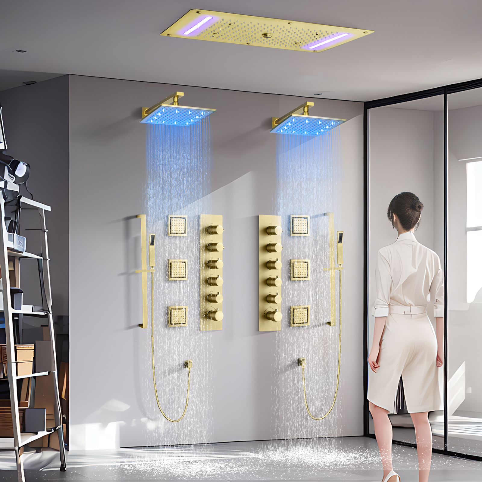 Grifo de ducha de latón con sistema de ducha en cascada y lluvia para techo de baño moderno LED de flujo ultragrande