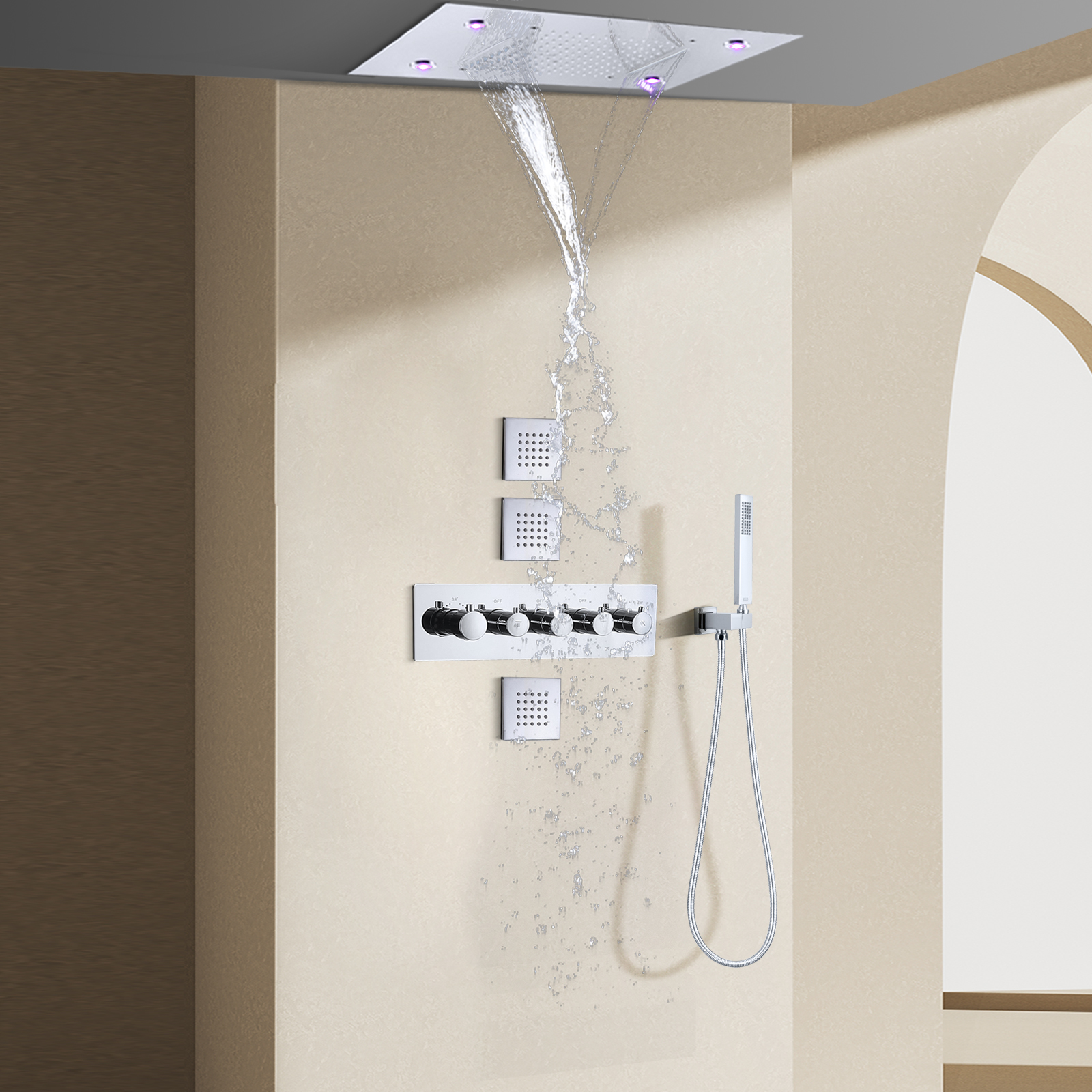 Sistema de ducha de lluvia termostática pulida cromada, juego de ducha termostática LED para baño de 14x20 pulgadas con chorros corporales