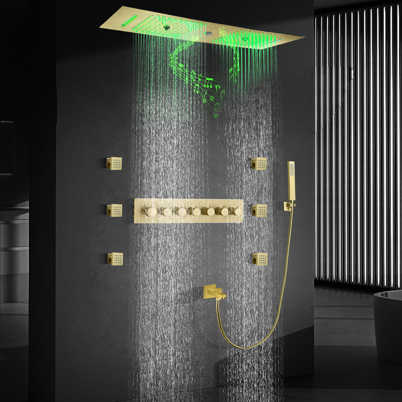 Cabezal de ducha LED de Oro pulido con altavoz musical, juego de grifería de ducha termostática para baño empotrado en techo de ducha doble, altavoz musical