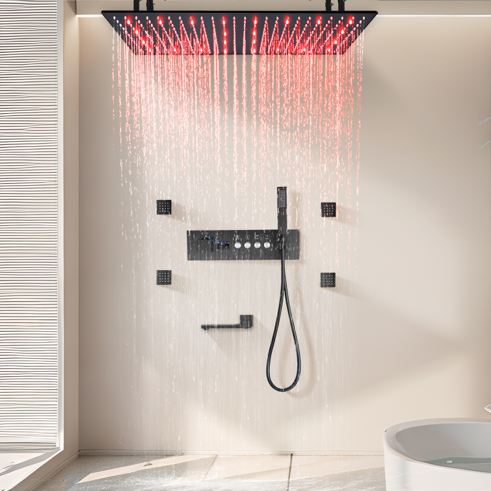 Sistema de grifo de ducha colgante para baño, cabezal de ducha de agua de lluvia LED con temperatura constante, cinta doblada fuera de la entrada de agua