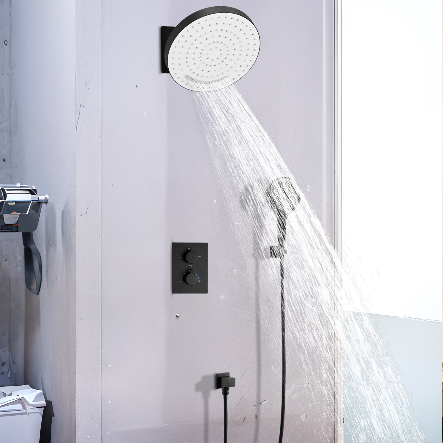 Instalación de placa de flor de cielo negro mate, ducha de lluvia cuadrada, rociador superior, sistema de grifo de agua de ducha de lujo, ducha de lluvia