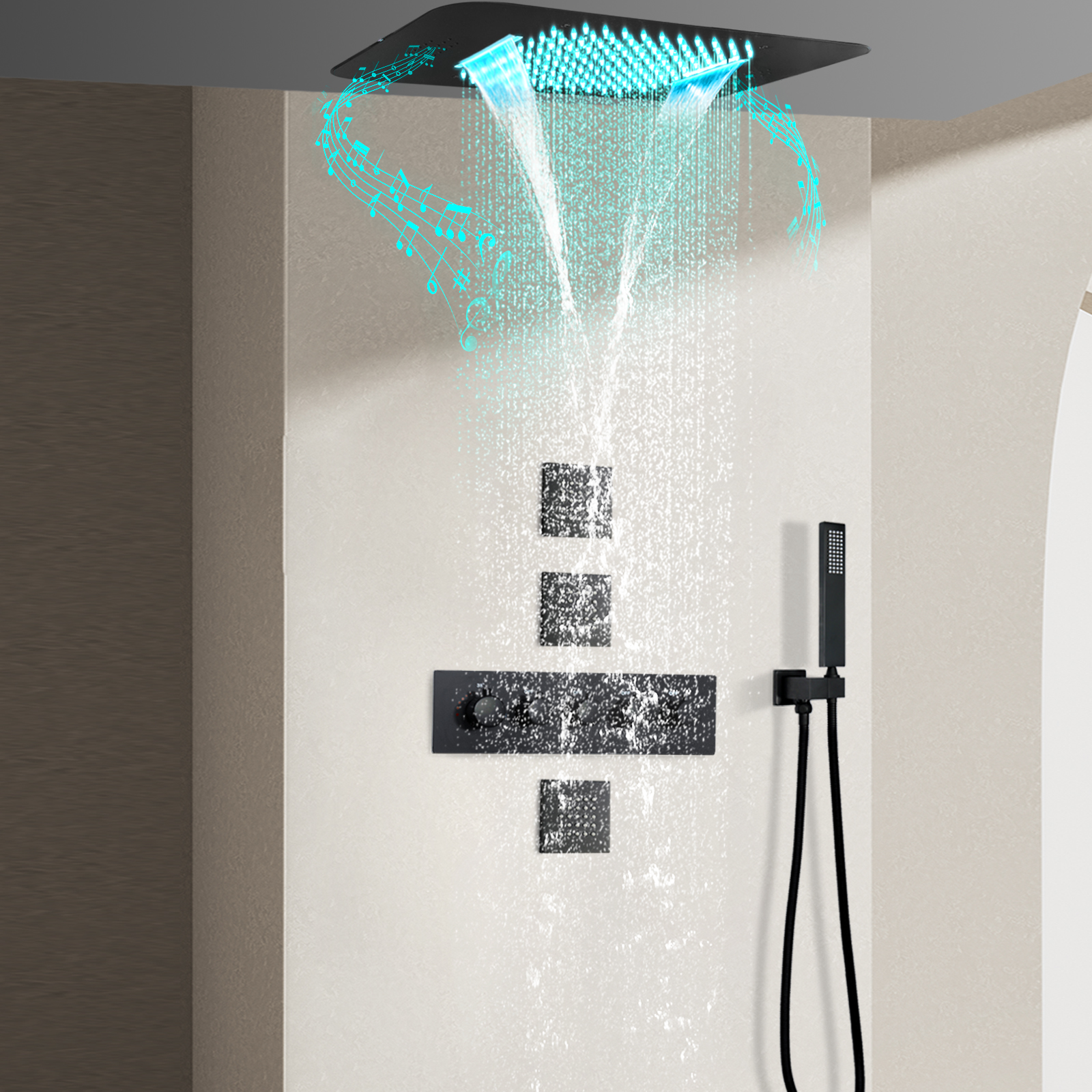 Black Music Juego de ducha LED con termostato para bañera multifuncional con ducha de mano