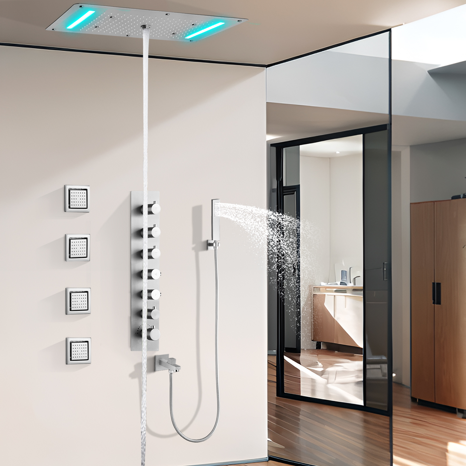 Ritting-Cabezal de ducha de níquel, temperatura constante, enjuague el baño, Panel LED para ducha moderno y oscuro, atomizador para Spa