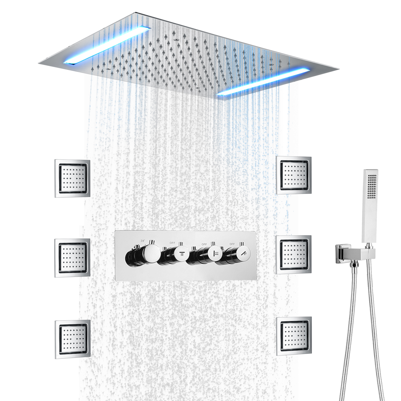 Instalación de techo cromada de 50x36cm, válvula de calefacción cuadrada LED, sistema de grifo de agua para ducha de lluvia