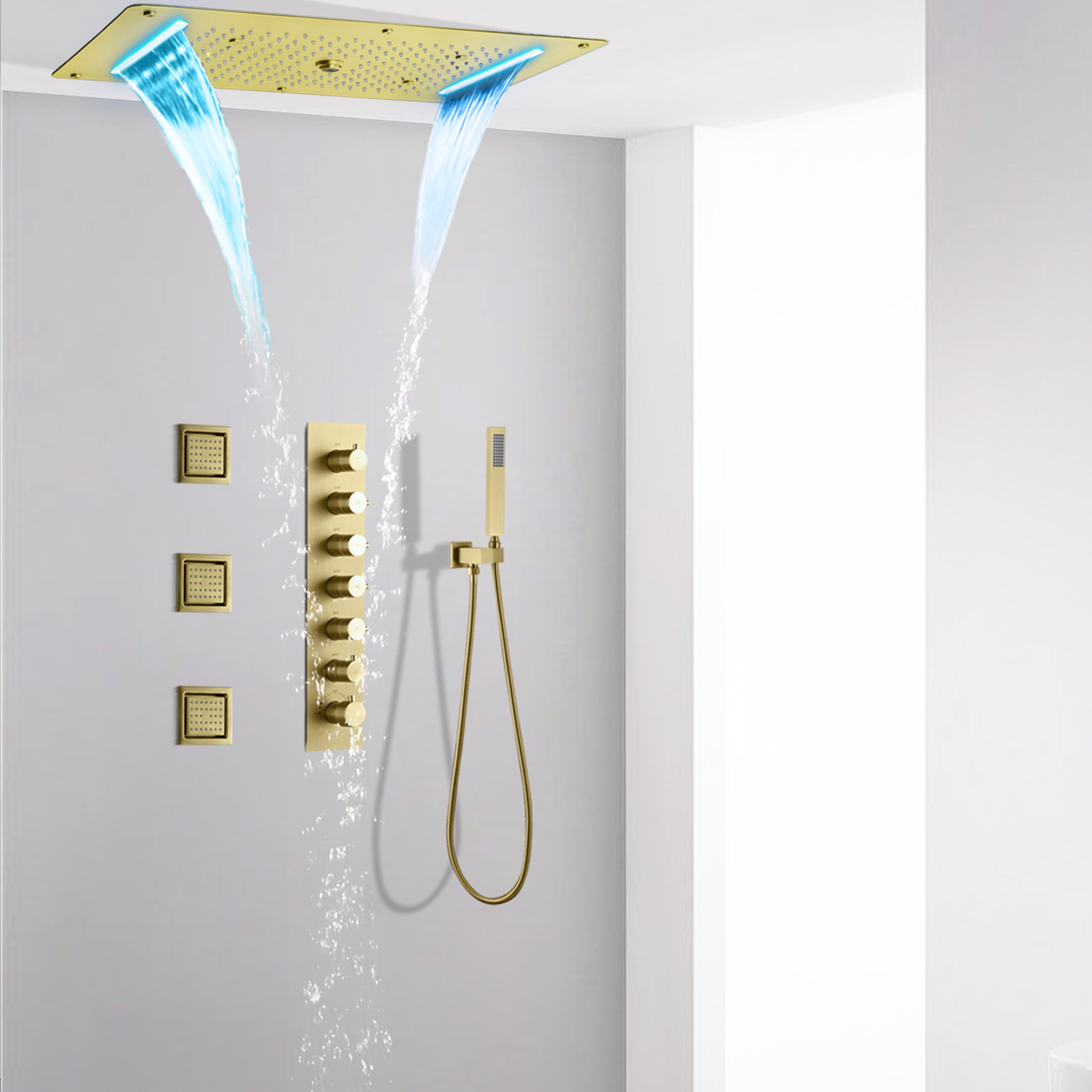 Sistema de ducha LED oculto para baño, grifo de ducha de lluvia en cascada, conjunto de masaje de columna de ducha con pulverizador, Oro pulido de lujo