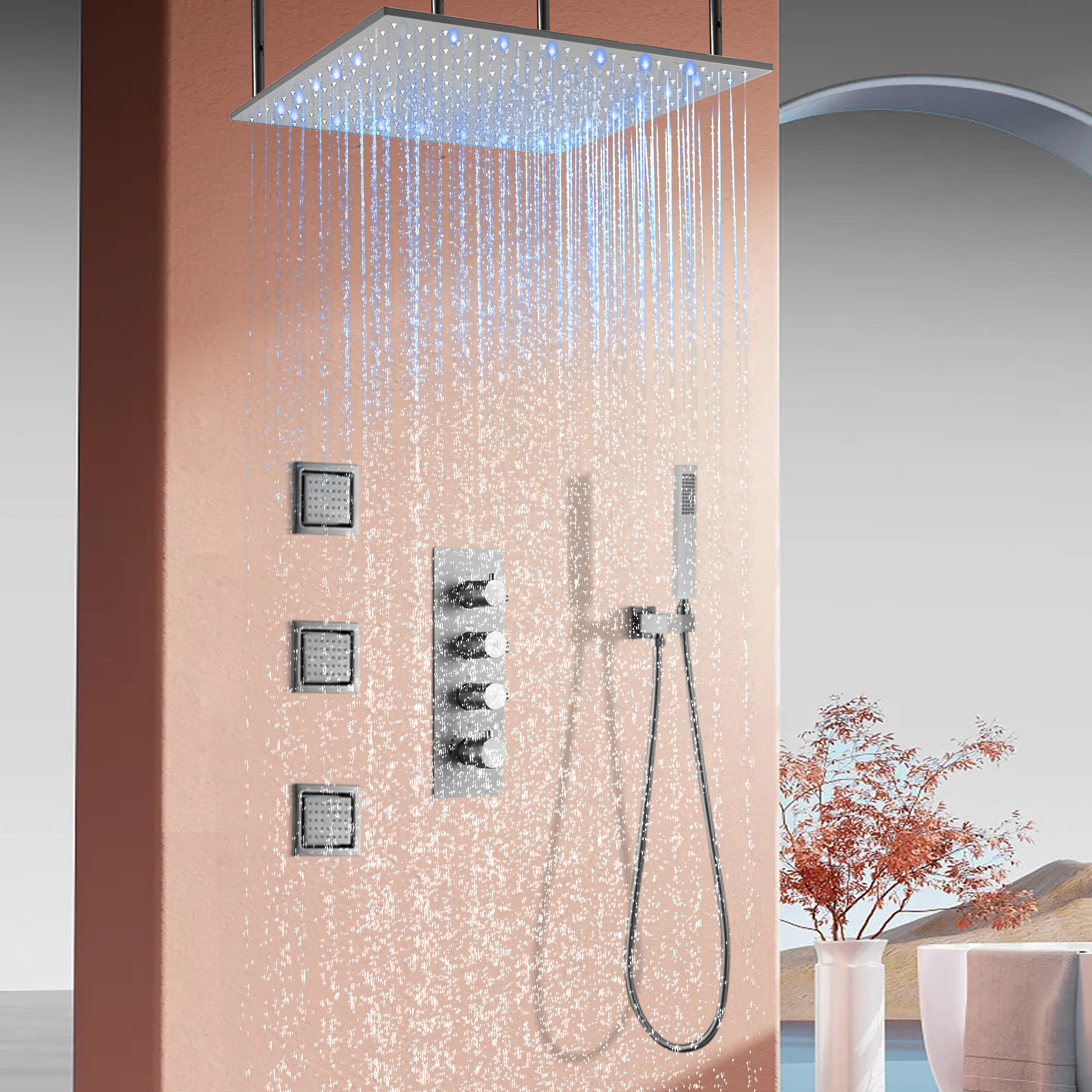 Grifo de ducha de lluvia cepillado de 50x50CM, conjunto de ducha de tres funciones montado en la pared de oro negro con cabezal de ducha de masaje con pulverización lateral