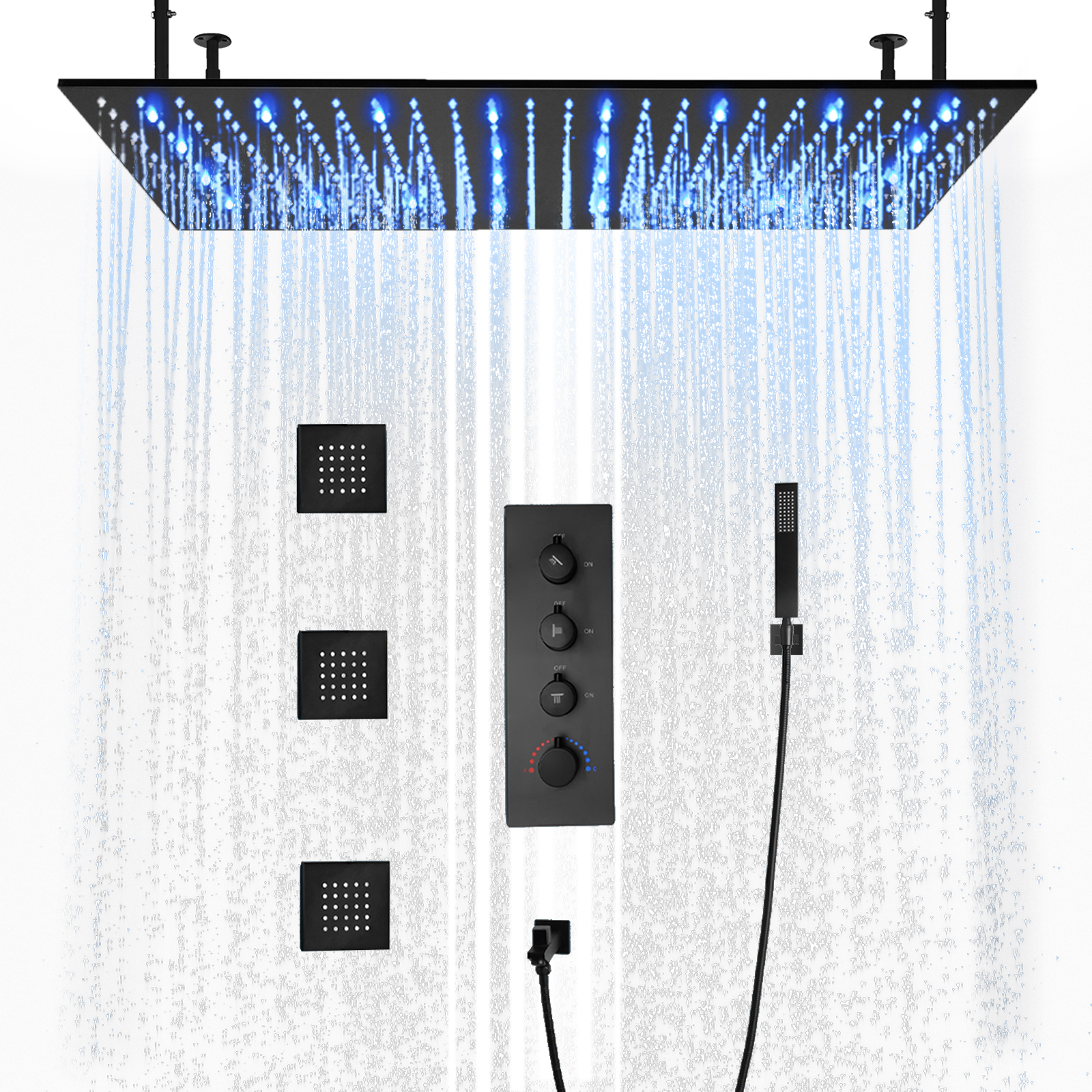 Grifo de agua grande para techo de baño, sistema de ducha LED con pulverización, banda de masaje para bajar el agua, 100x50cm