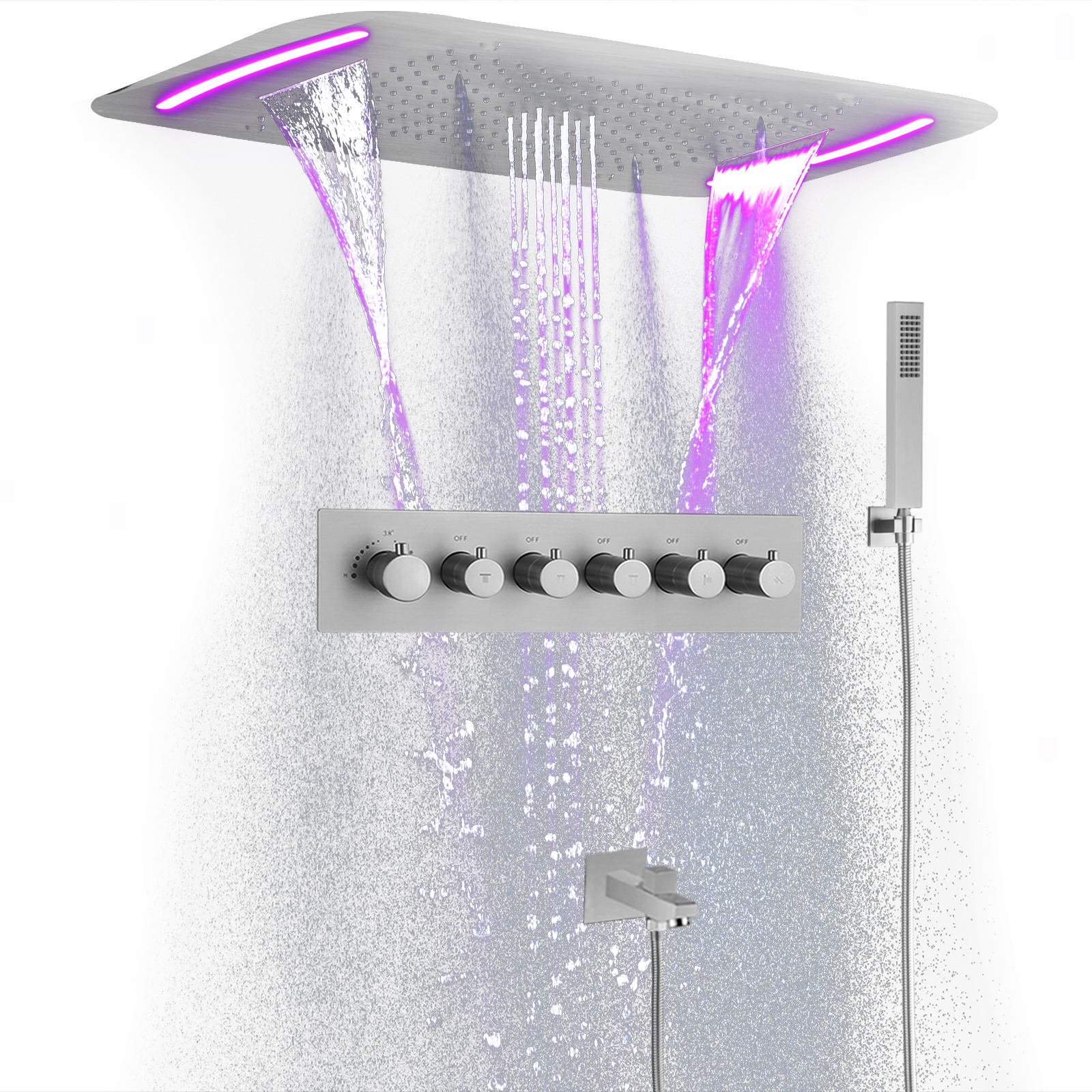 Níquel cepillado 71x43cm LED temperatura constante ducha cabeza de dragón techo lluvia Pilar sistema de cabezal de ducha Kit