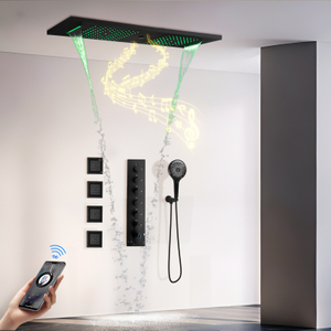 Ducha LED negra mate de 900 × 300 mm, sistema de ducha con música funcional 6, grifo de agua para ducha de lluvia, temperatura constante