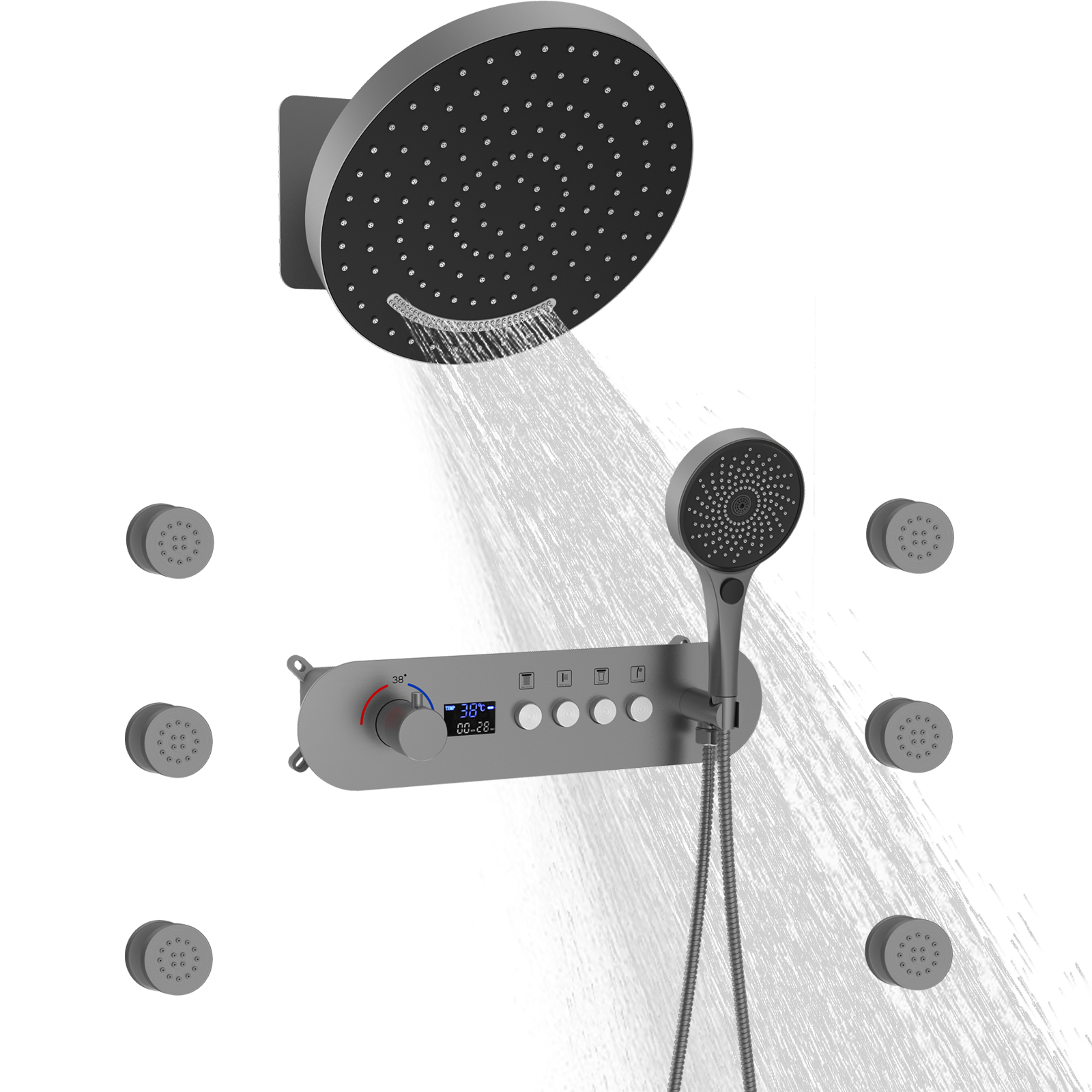Pistola Botón gris Sistema de baño en cascada de cuatro funciones Grifo de agua para habitación Traje de ducha mezclador