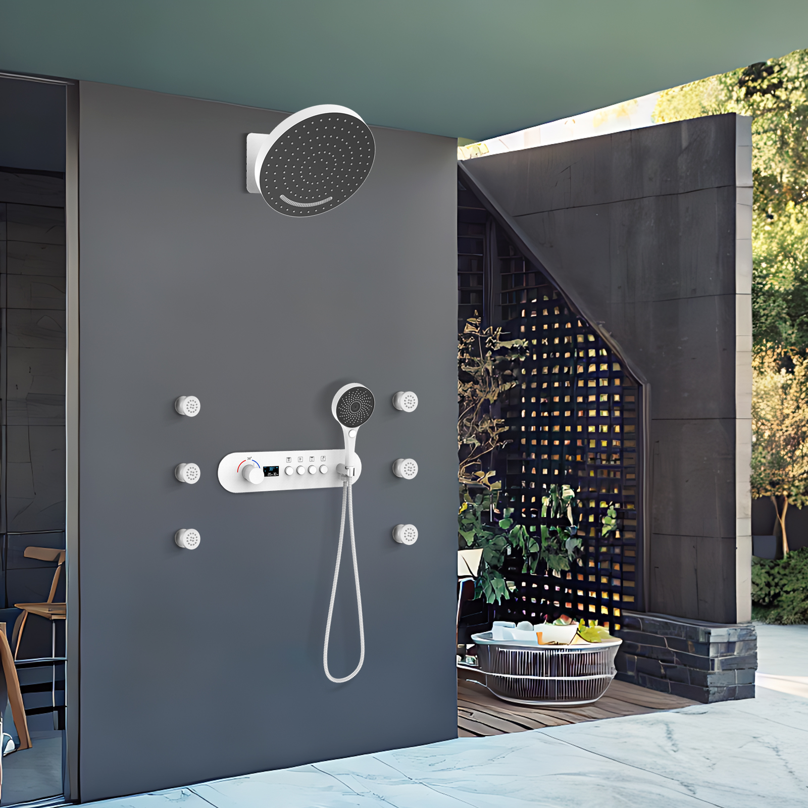 Sistema de ducha de placa moderno, Kit de ducha con chorro de agua, cabezal de ducha de bronce con rociador lateral blanco