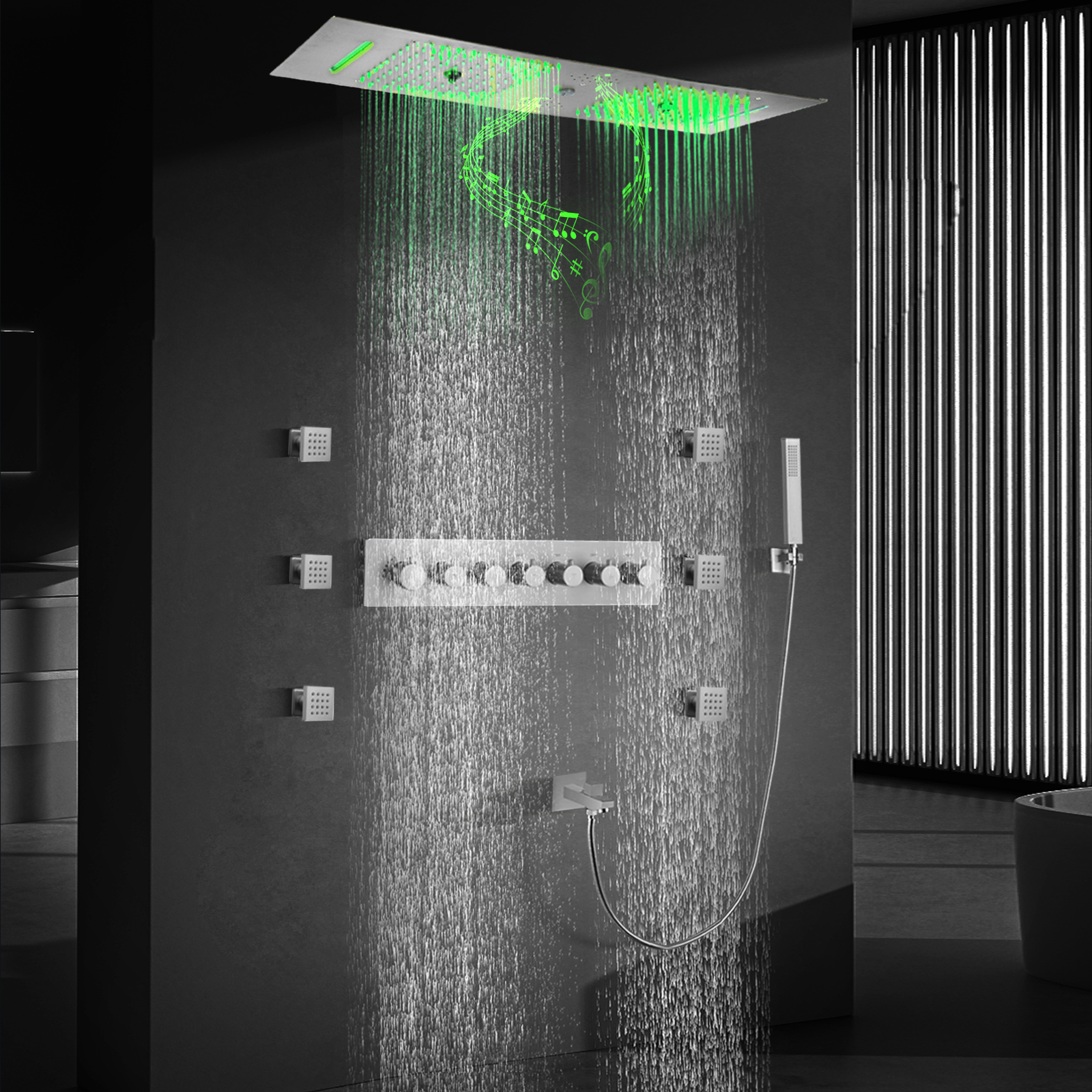Juego de ducha LED tipo lluvia de estilo contemporáneo con mosaico cepillado y cabezal de ducha musical