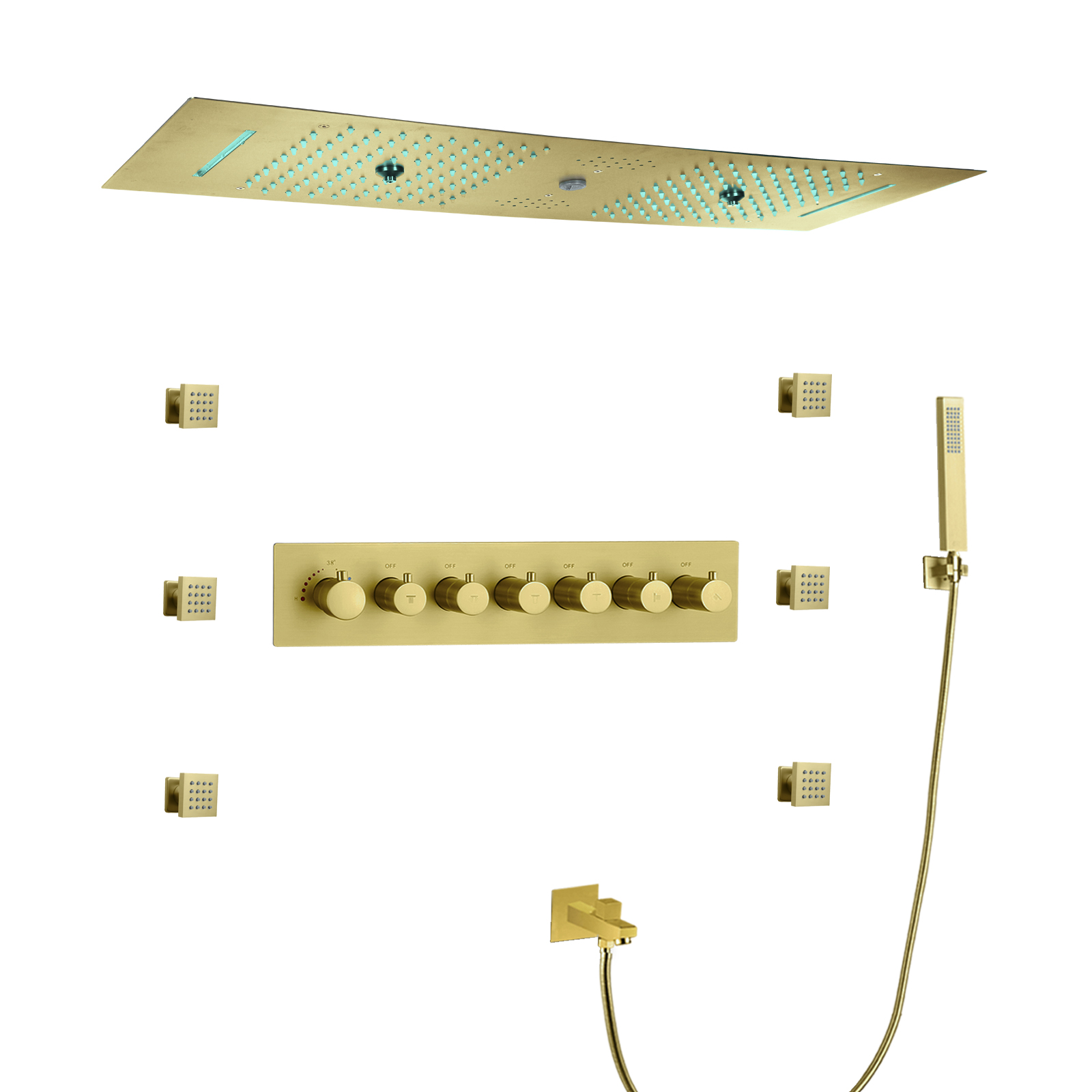 Cabezal de ducha LED de Oro pulido con altavoz musical, juego de grifería de ducha termostática para baño empotrado en techo de ducha doble, altavoz musical