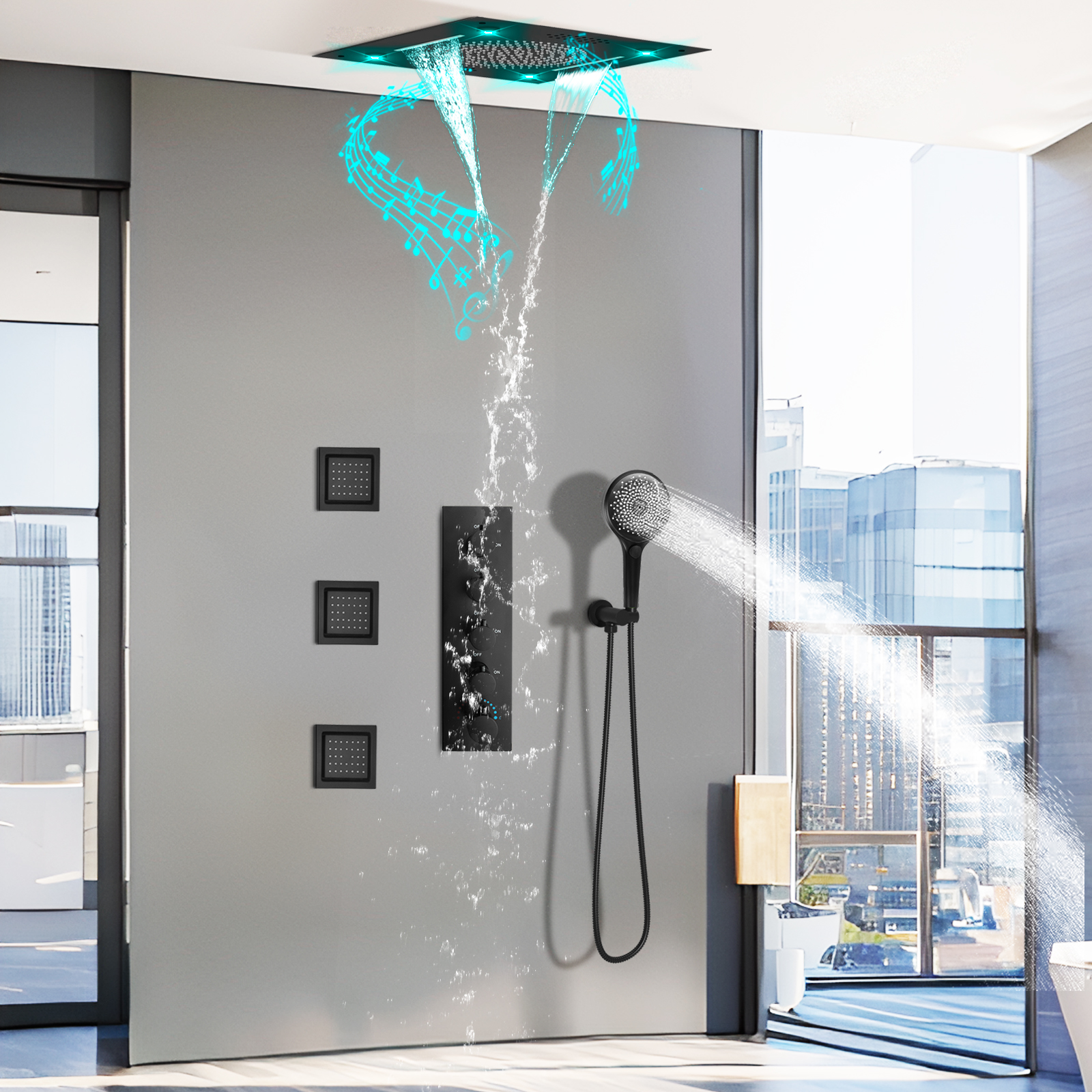 Fabricante de sistemas de ducha LED, cabezal de ducha negro mate y juego de válvulas para colgar en la pared, alto 
