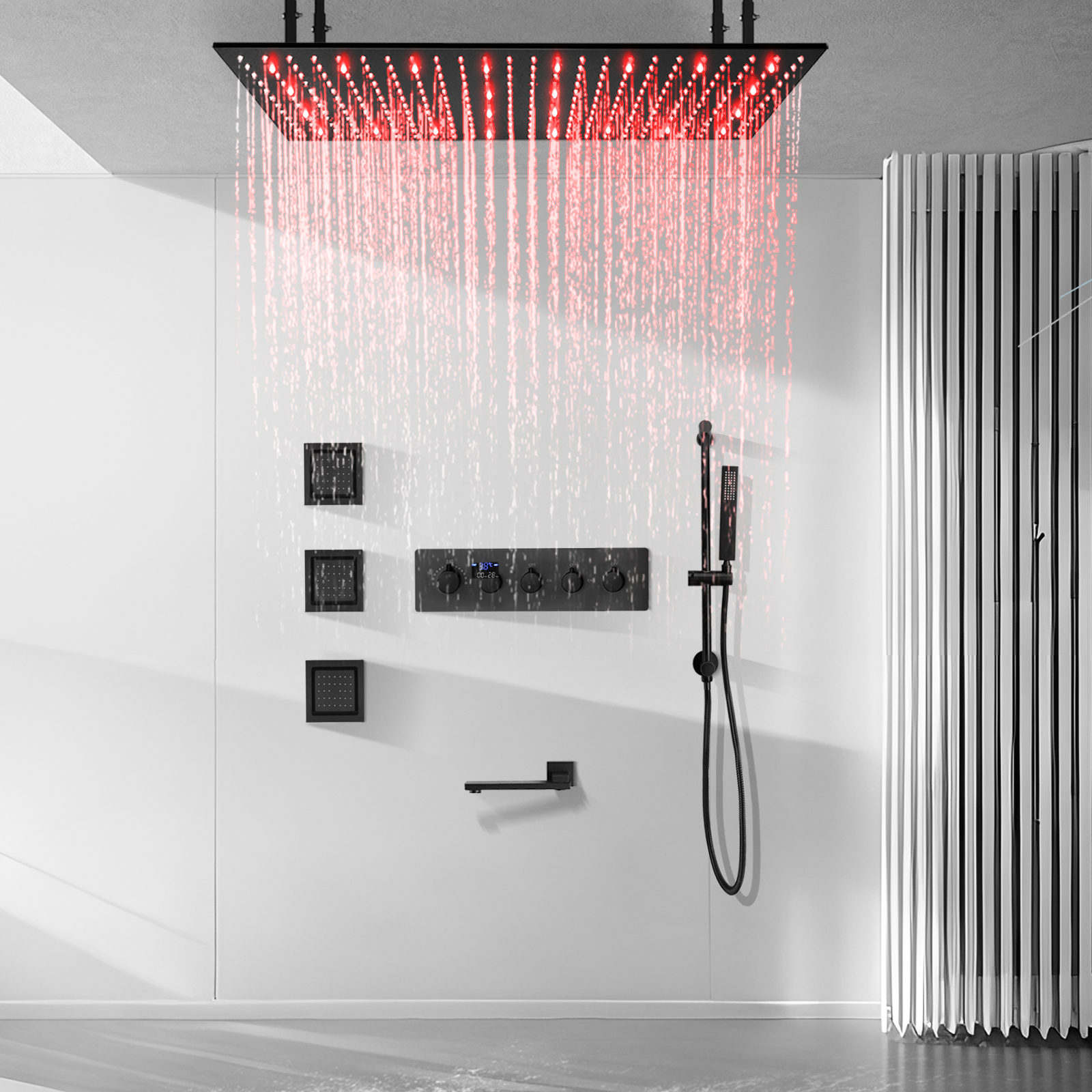 Sistema de cabezal de ducha LED de agua de lluvia grande para baño montado en la pared negro en el techo, baja la salida de agua