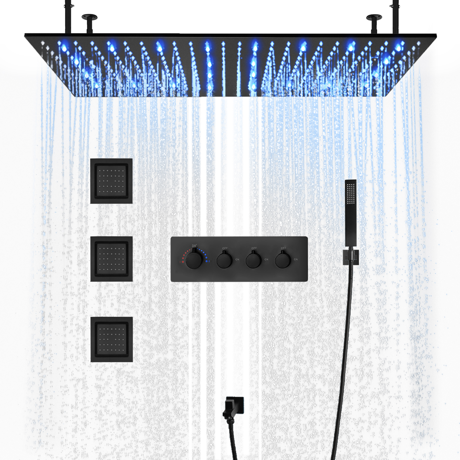 Sistema de cabezal de ducha tipo lluvia de 100x50cm negro mate de latón montado en la pared Kit de ducha LED para baño de cuatro funciones