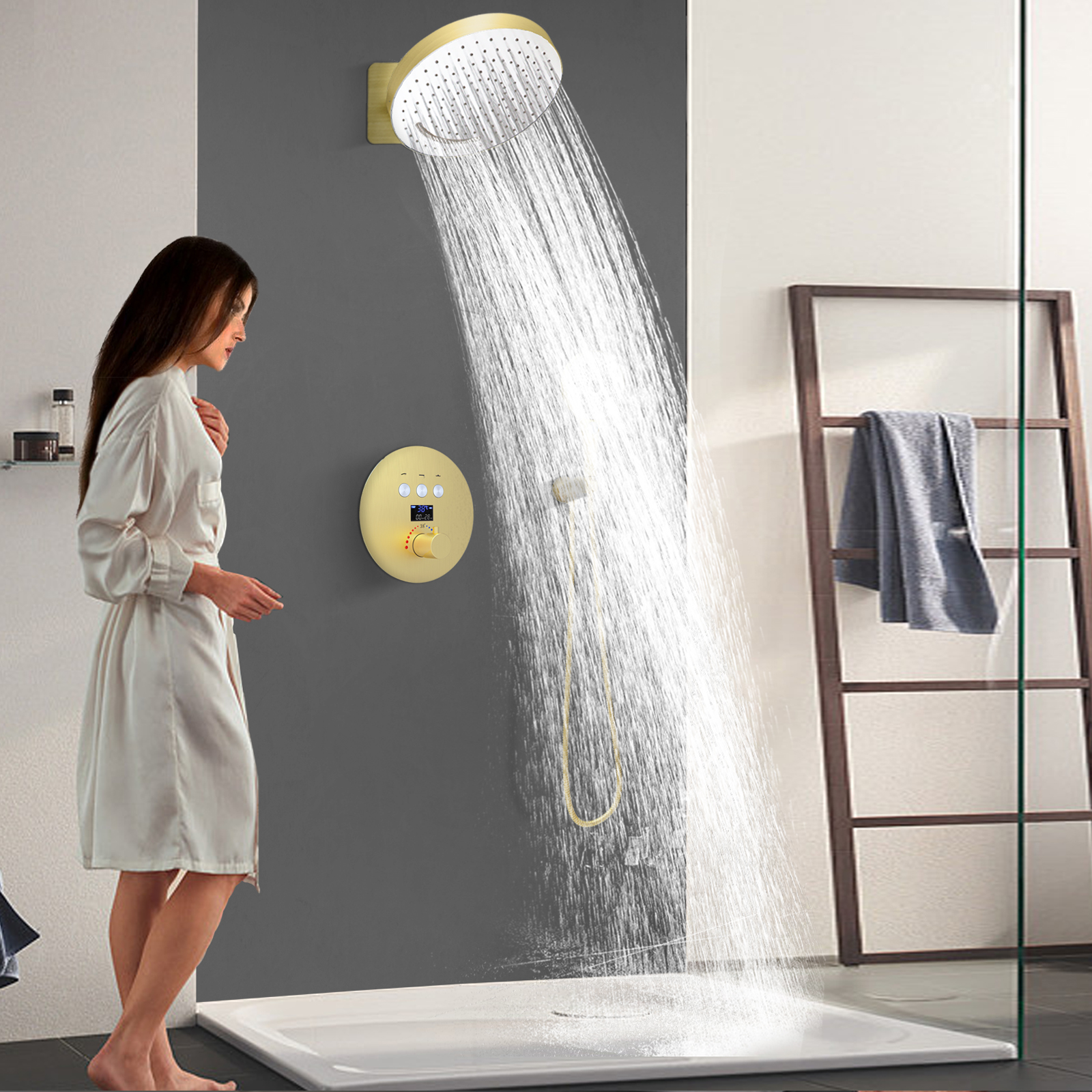 Termostato de Oro cepillado, juego de grifo con pantalla Digital, juego de sistema de chorro de masaje para ducha y bañera de baño