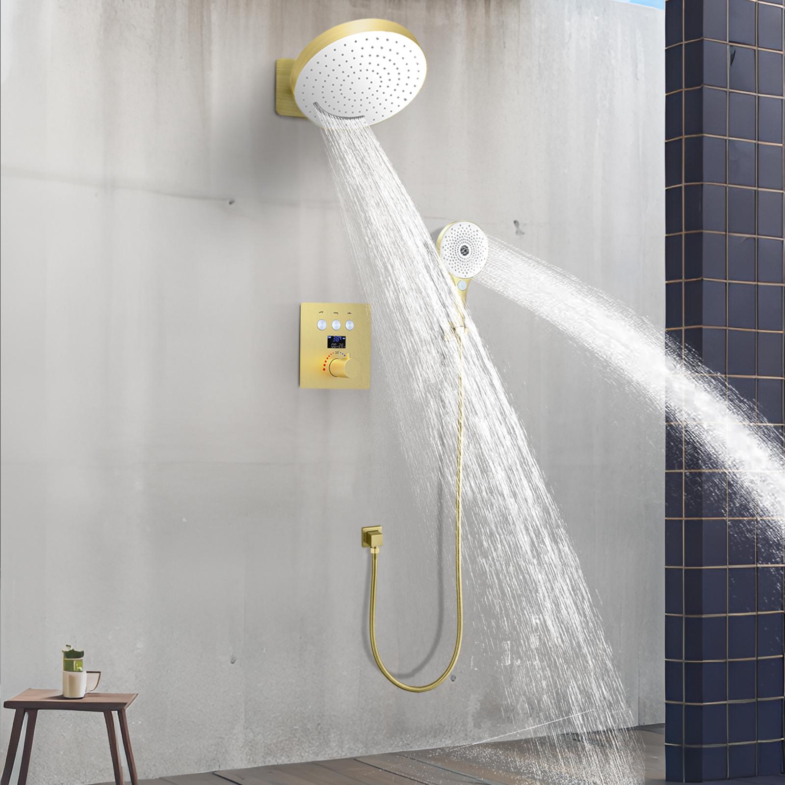 Válvula de desviación mixta de temperatura constante, grifo de agua de baño, Suite, montado en la pared, ducha de agua de lluvia, cabezal colgante, ducha superior