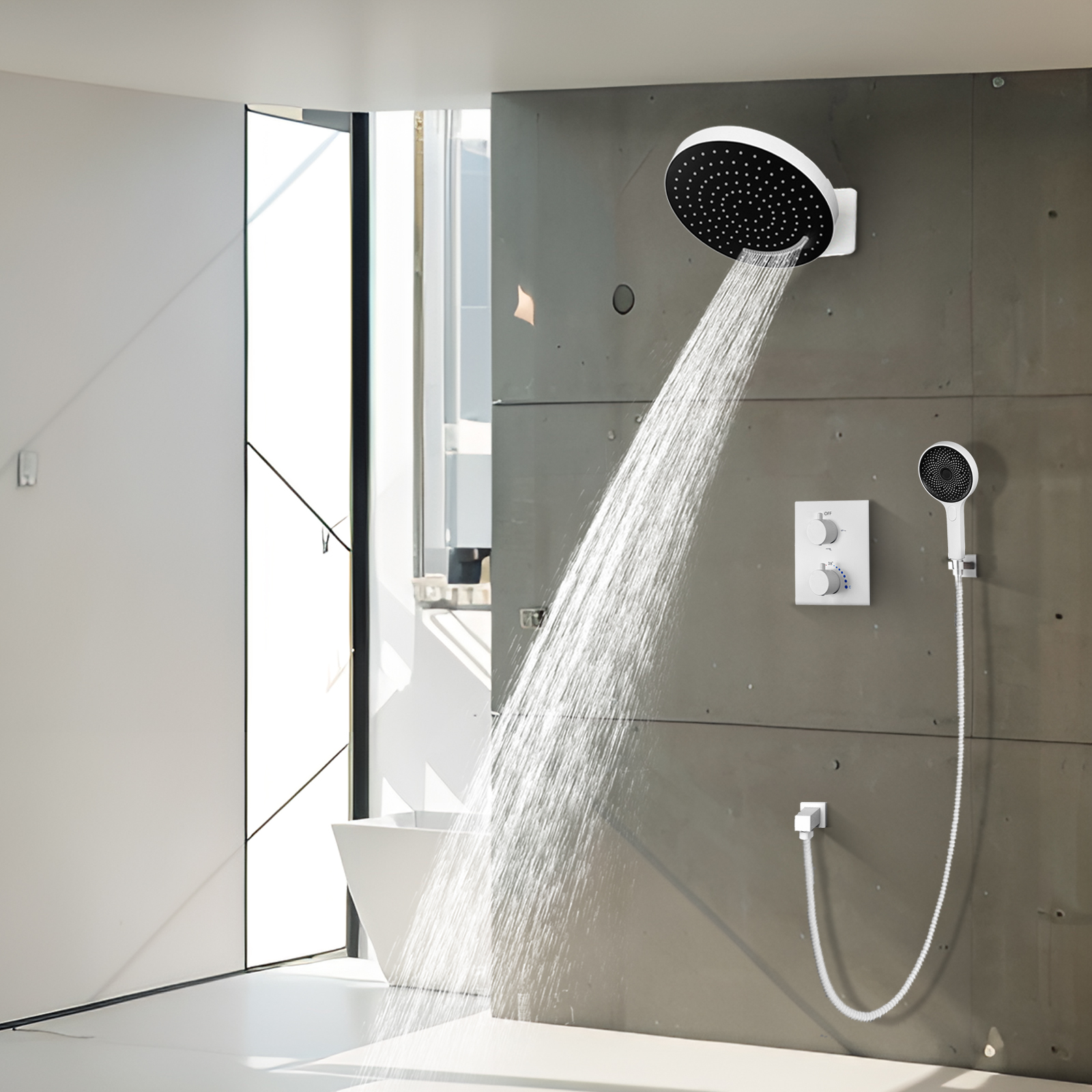 Sistemas de cabezal de ducha de baño, fabricante de sistema de grifo híbrido de temperatura tipo perilla blanca mattic 