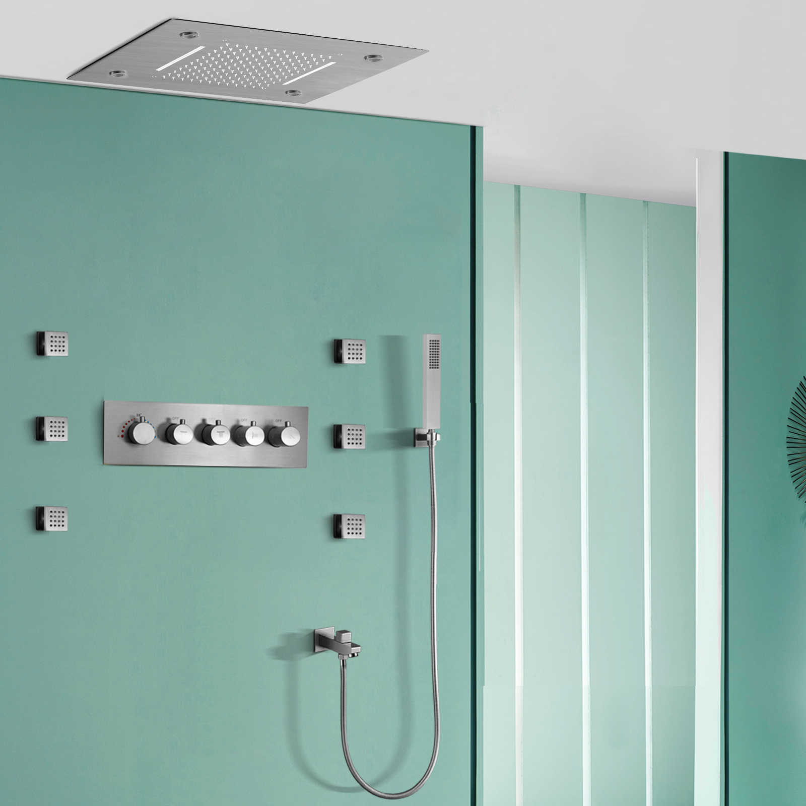 Sistema de ducha de baño con cascada de lluvia y temperatura constante cepillada, Control remoto, LED, boquilla oculta, juego de ducha de masaje