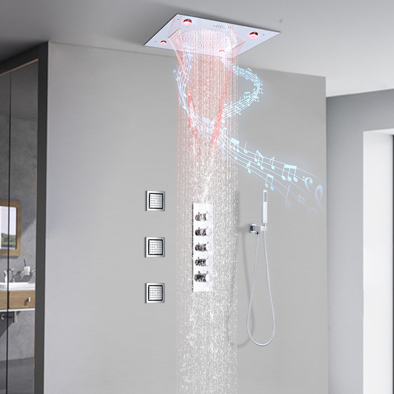 Sistema de grifo de ducha cromado, boquilla LED, termostato musical, juego de ducha de latón montado en la pared