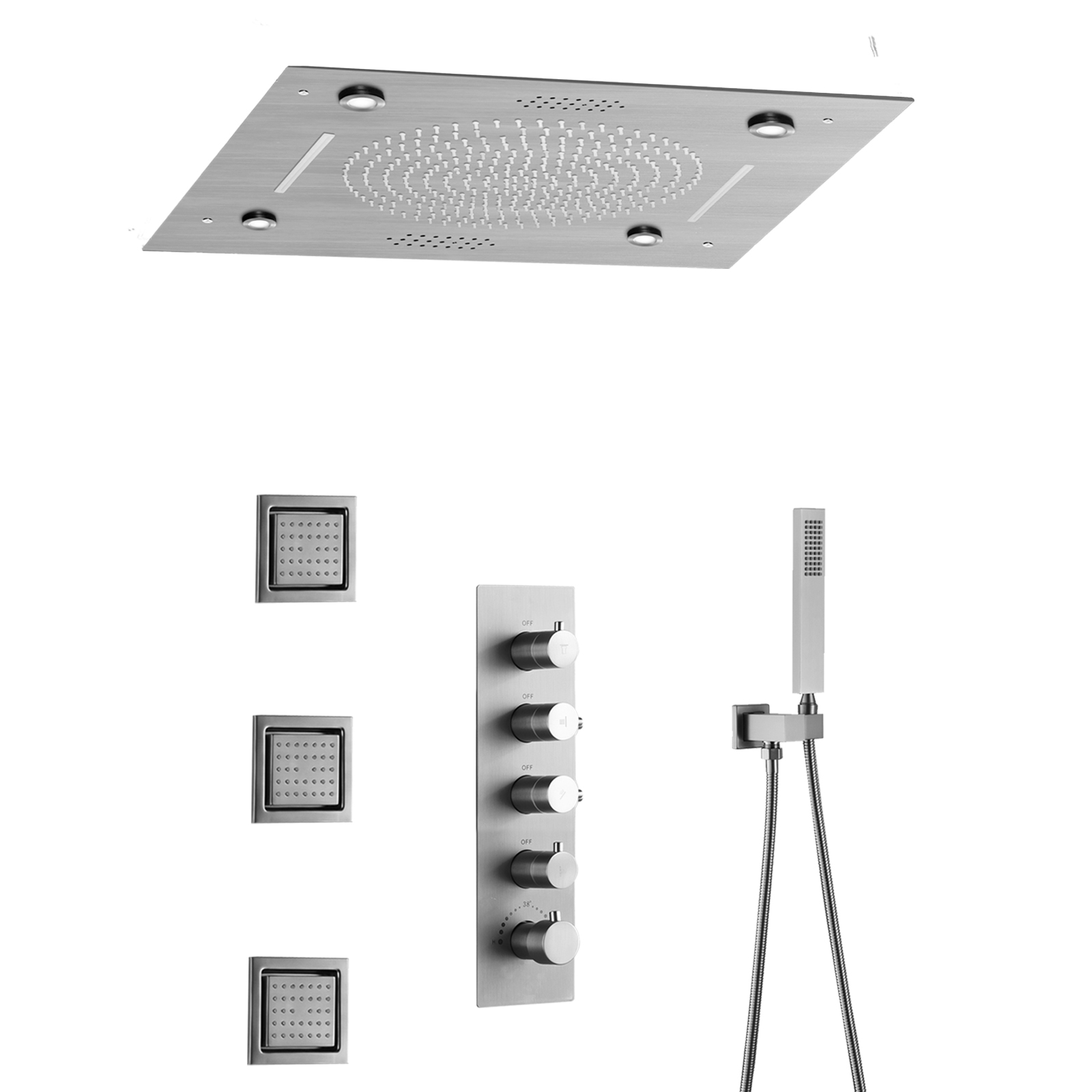 Juego de ducha termostática cepillada, grifo de cobre, boquilla de masaje de ducha oculta para baño